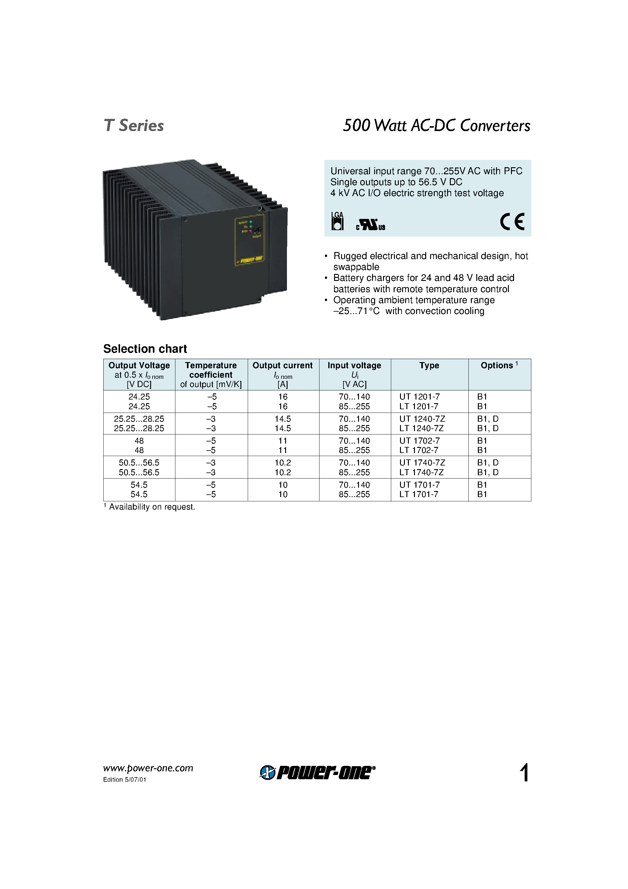 Datasheet UT1201-7 - 500 Watt AC-DC Converters page 1