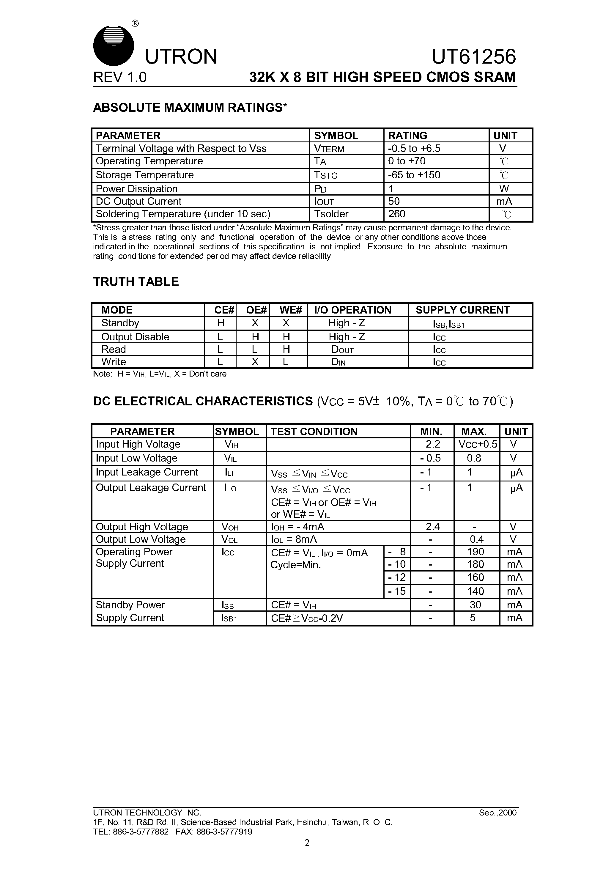 Даташит на микросхему UT61256LS-8 страница 2 Даташит UT61256LS-8 - 32K X 8 BIT HIGH SPEED CMOS SRAM страница 2