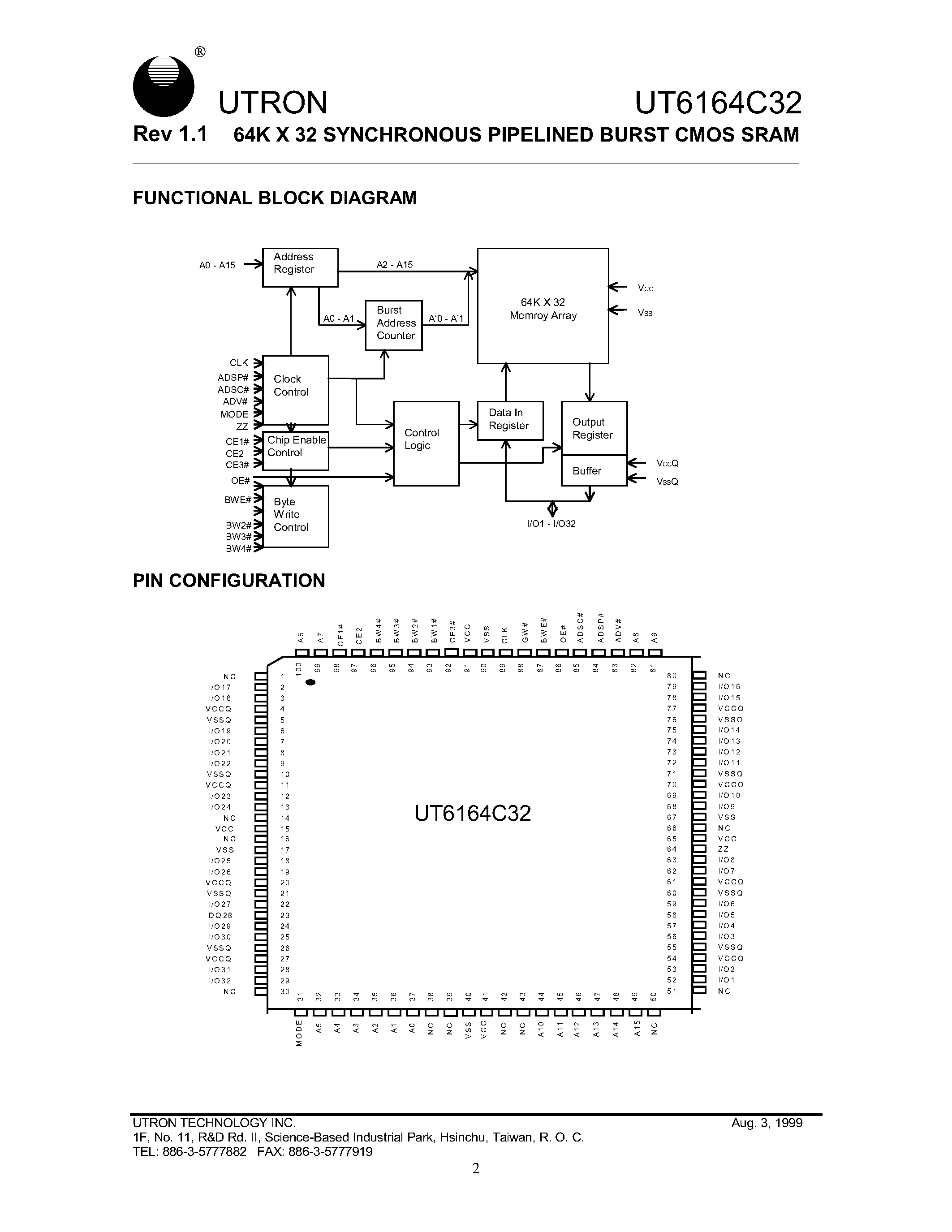 Даташит UT6164C32 - 64K X 32 SYNCHRONOUS PIPELINED BURST CMOS SRAM страница 2