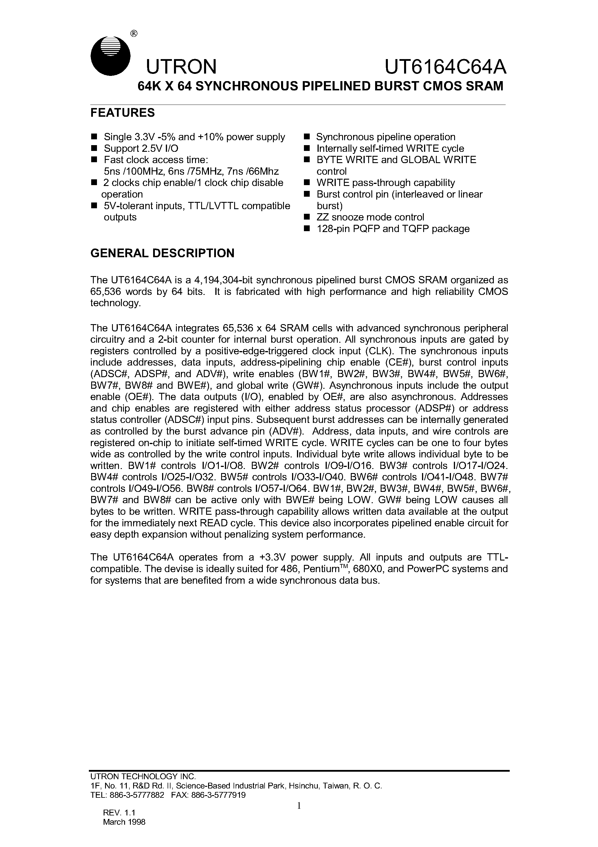 Даташит UT6164C64AQ-5 - 64K X 64 SYNCHRONOUS PIPELINED BURST CMOS SRAM страница 1