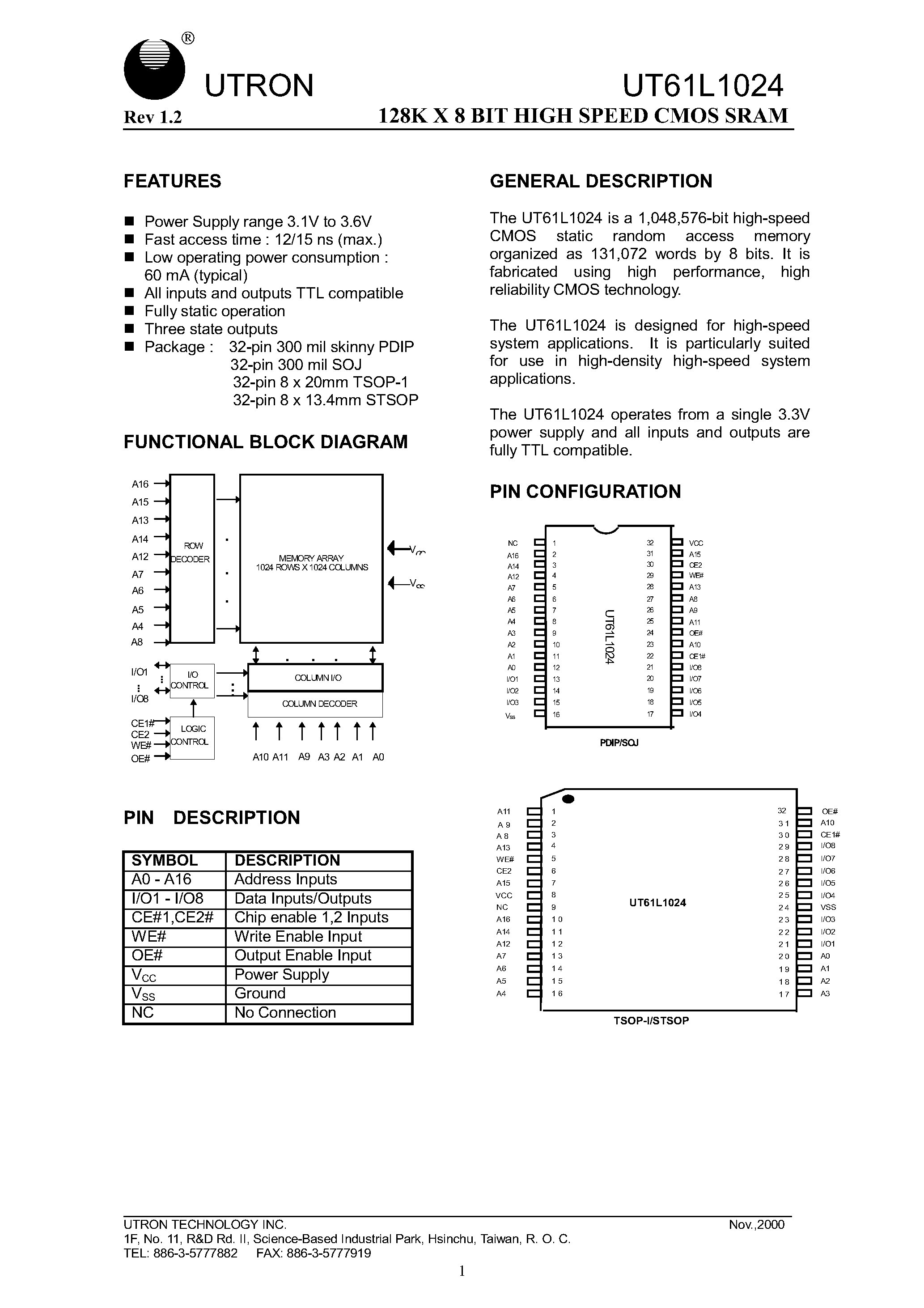 Даташит на микросхему UT61L1024 страница 1 Даташит UT61L1024 - 125K X 8 BIT HIGH SPEED CMOS SRAM страница 1