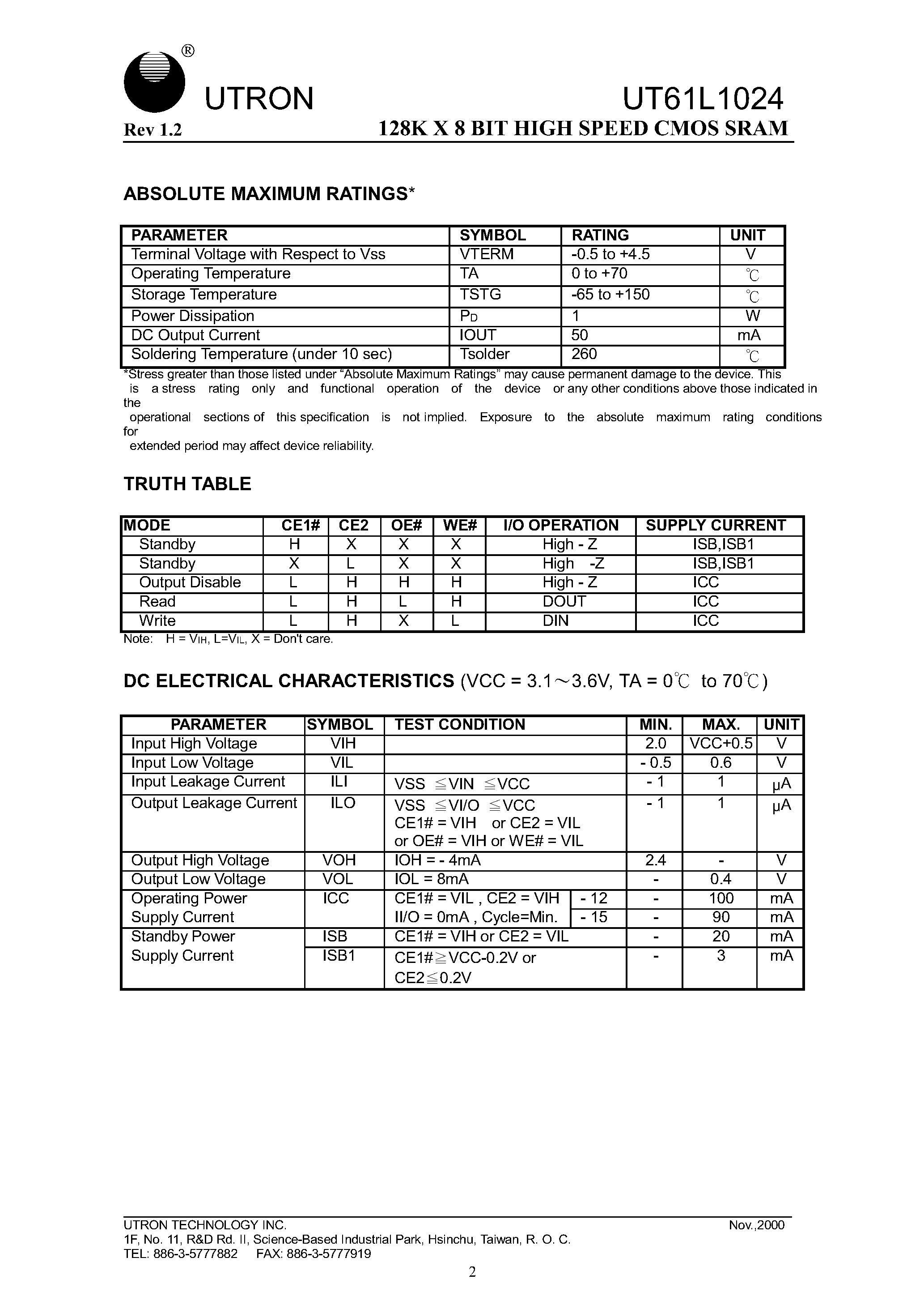 Даташит на микросхему UT61L1024 страница 2 Даташит UT61L1024 - 125K X 8 BIT HIGH SPEED CMOS SRAM страница 2