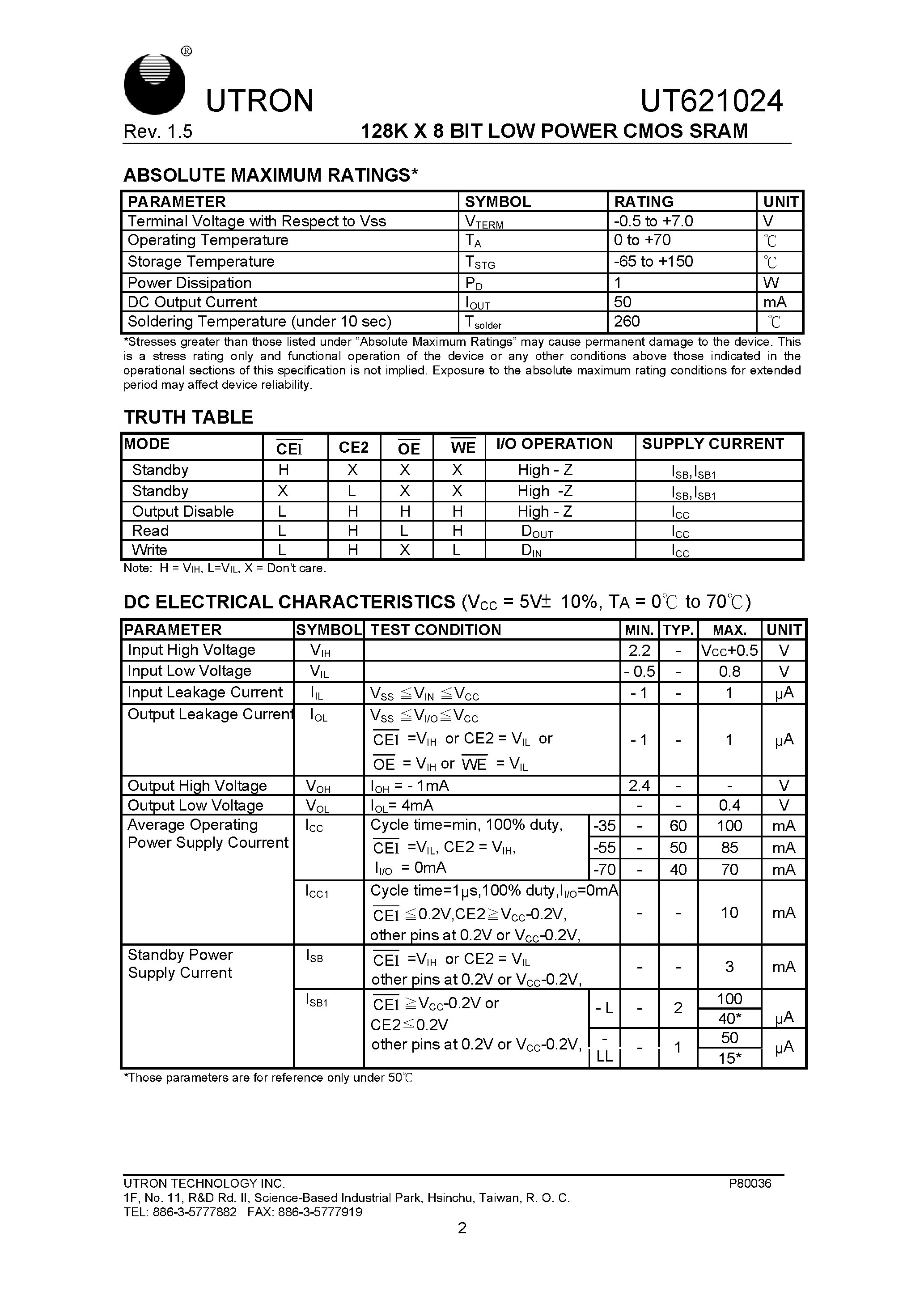 Datasheet UT621024PC-55L page 2 Datasheet UT621024PC-55L - 128K X 8 BIT LOW POWER CMOS SRAM page 2