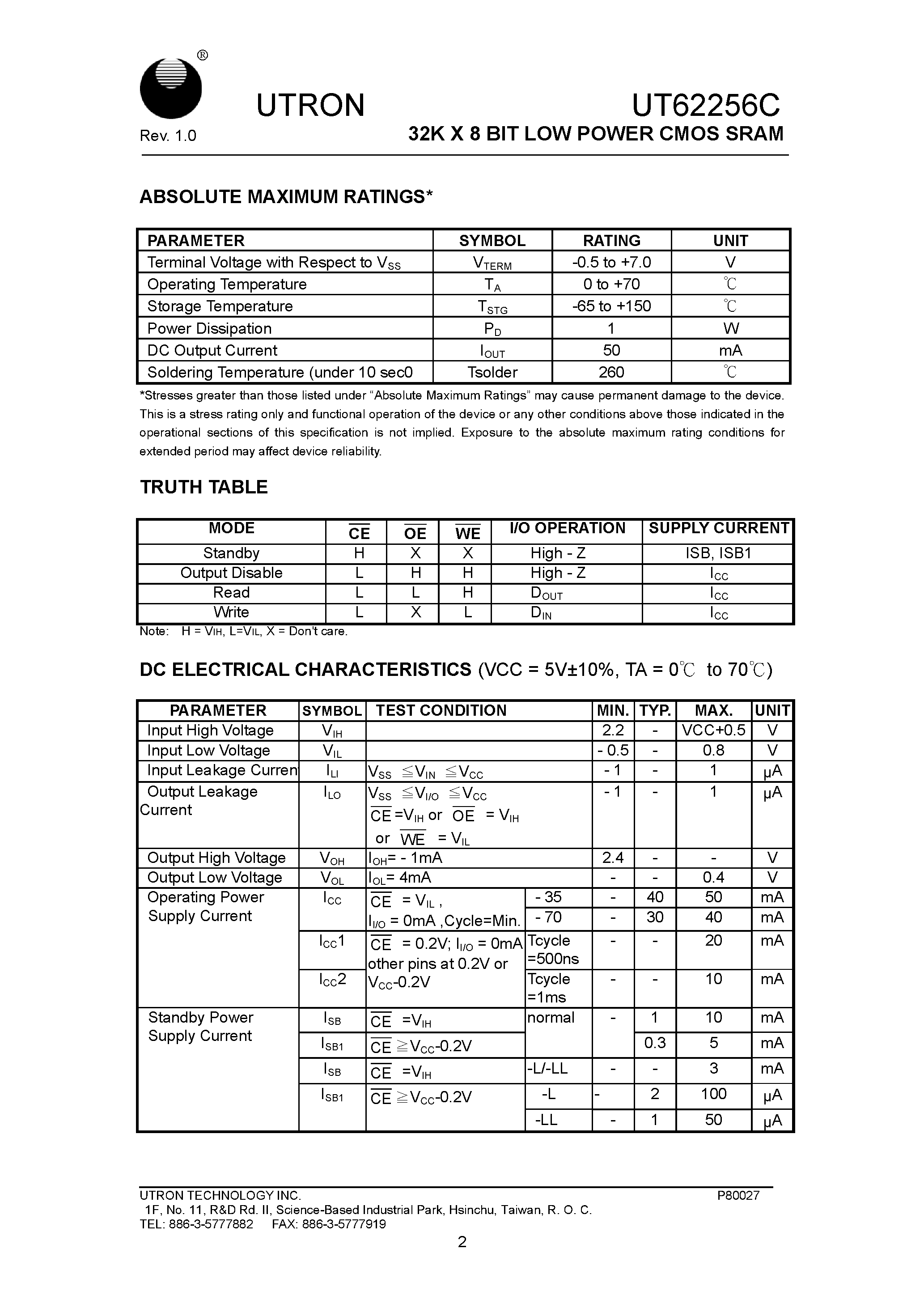 Даташит на микросхему UT62256CPC-70L страница 2 Даташит UT62256CPC-70L - 32K X 8 BIT LOW POWER CMOS SRAM страница 2