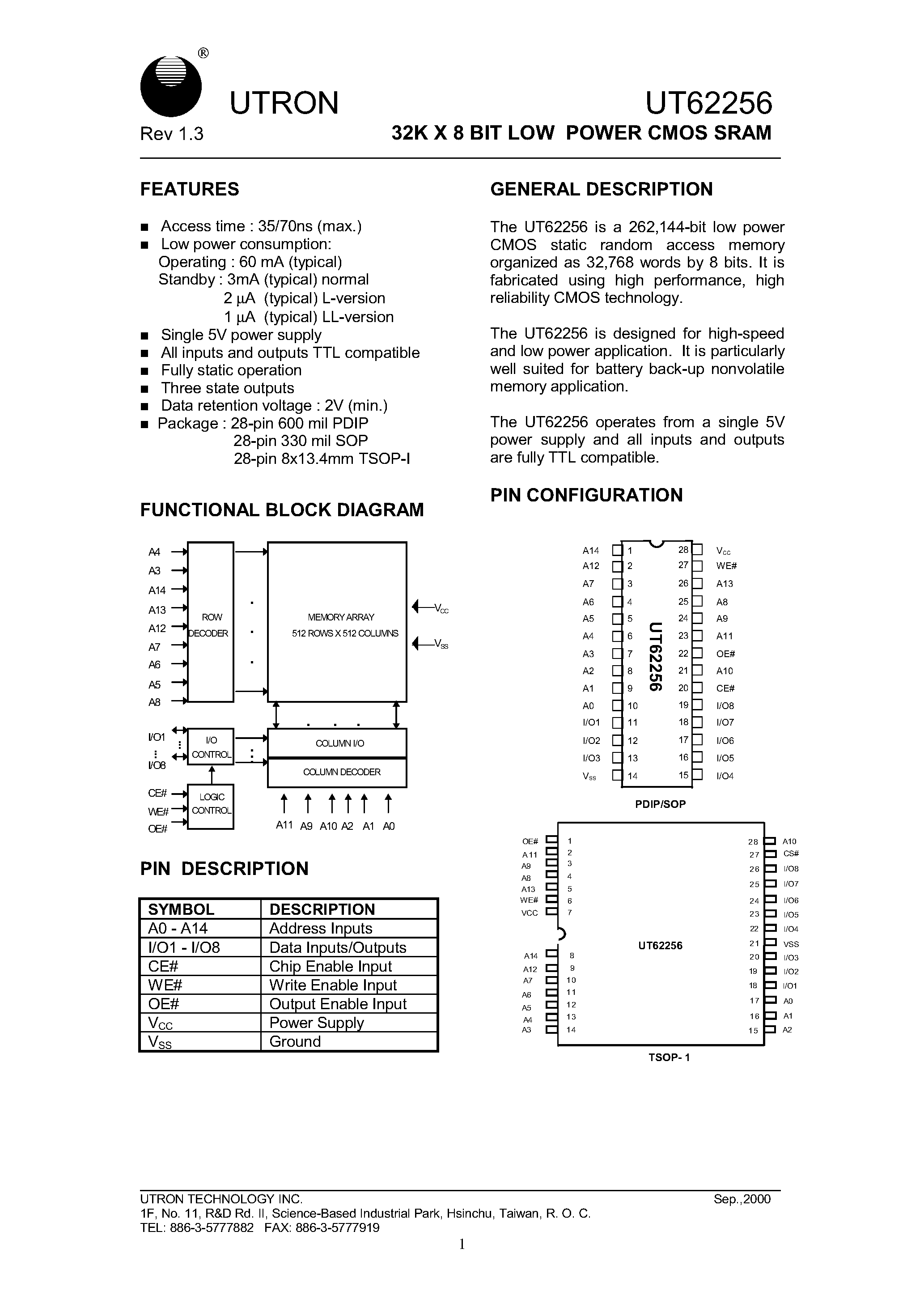 Datasheet UT62256PC-70LL - 32K X 8 BIT LOW POWER CMOS SRAM page 1