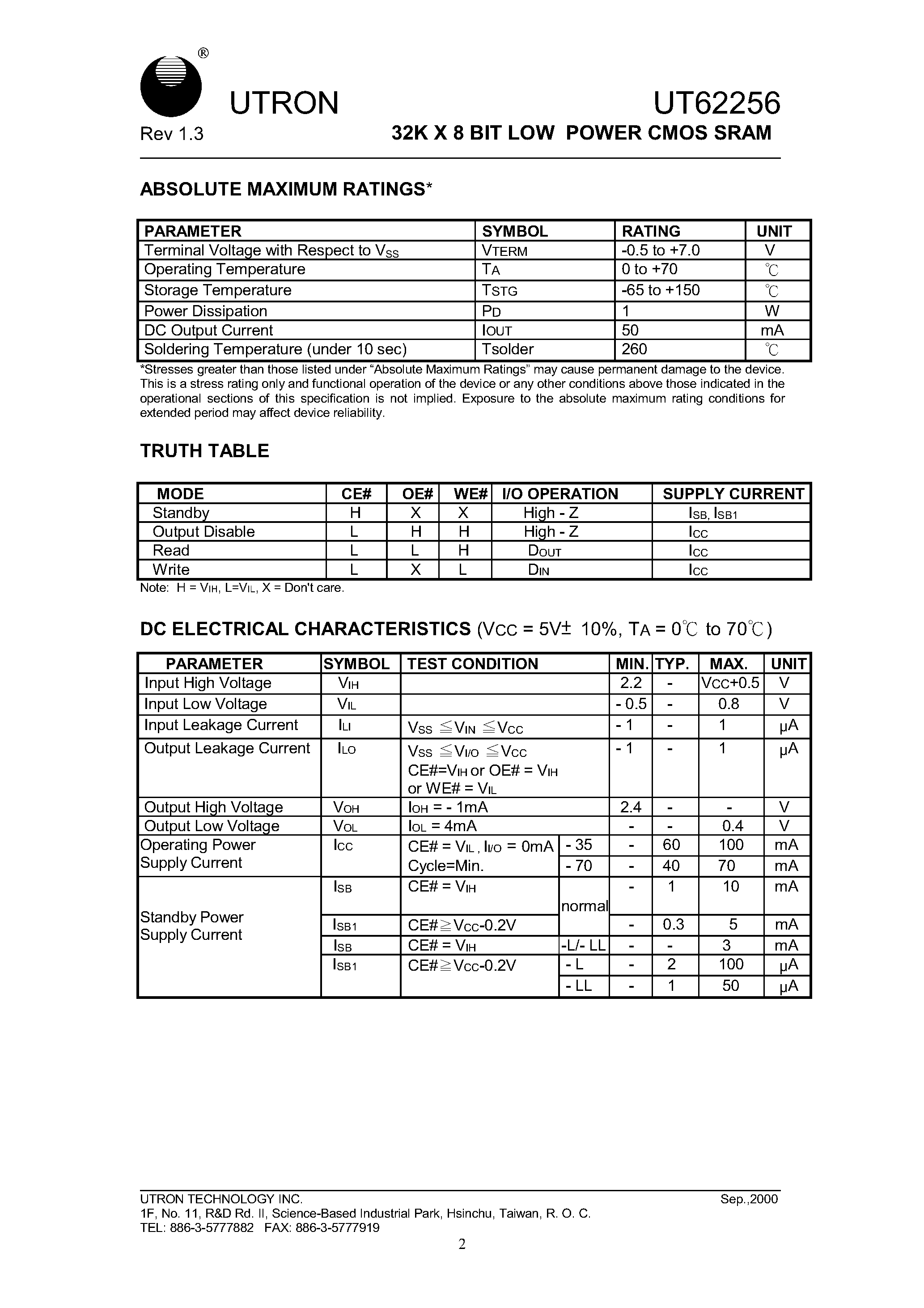 Datasheet UT62256PC-70LL - 32K X 8 BIT LOW POWER CMOS SRAM page 2