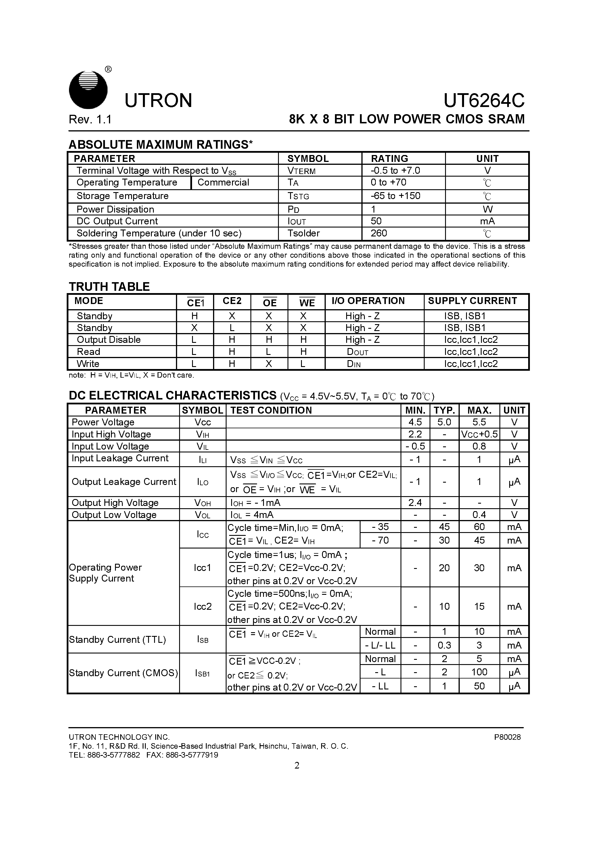 Datasheet UT6264CSC-35 - 8K X 8 BIT LOW POWER CMOS SRAM page 2