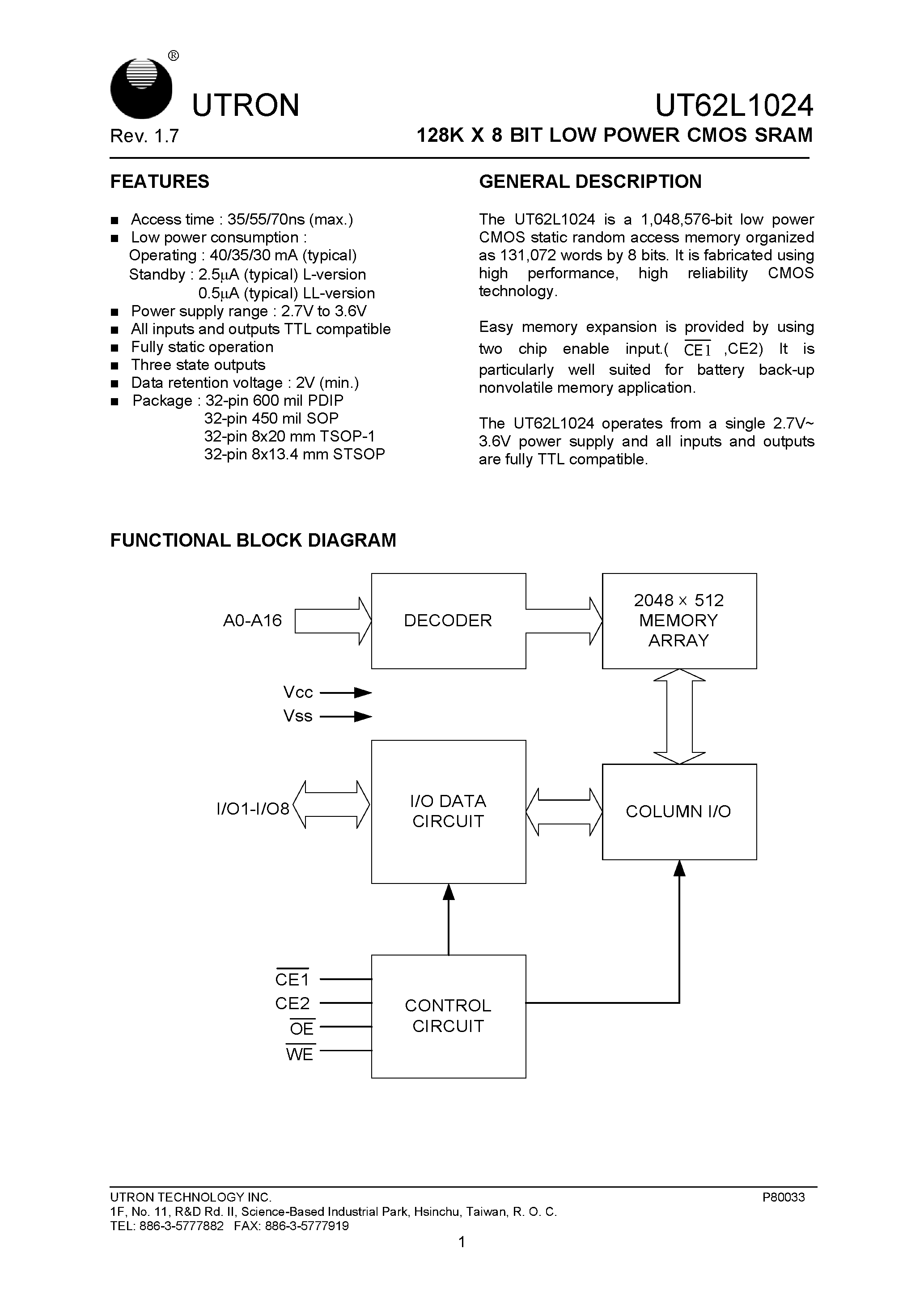 Datasheet UT62L1024SC-70LL - 128K X 8 BIT LOW POWER CMOS SRAM page 1