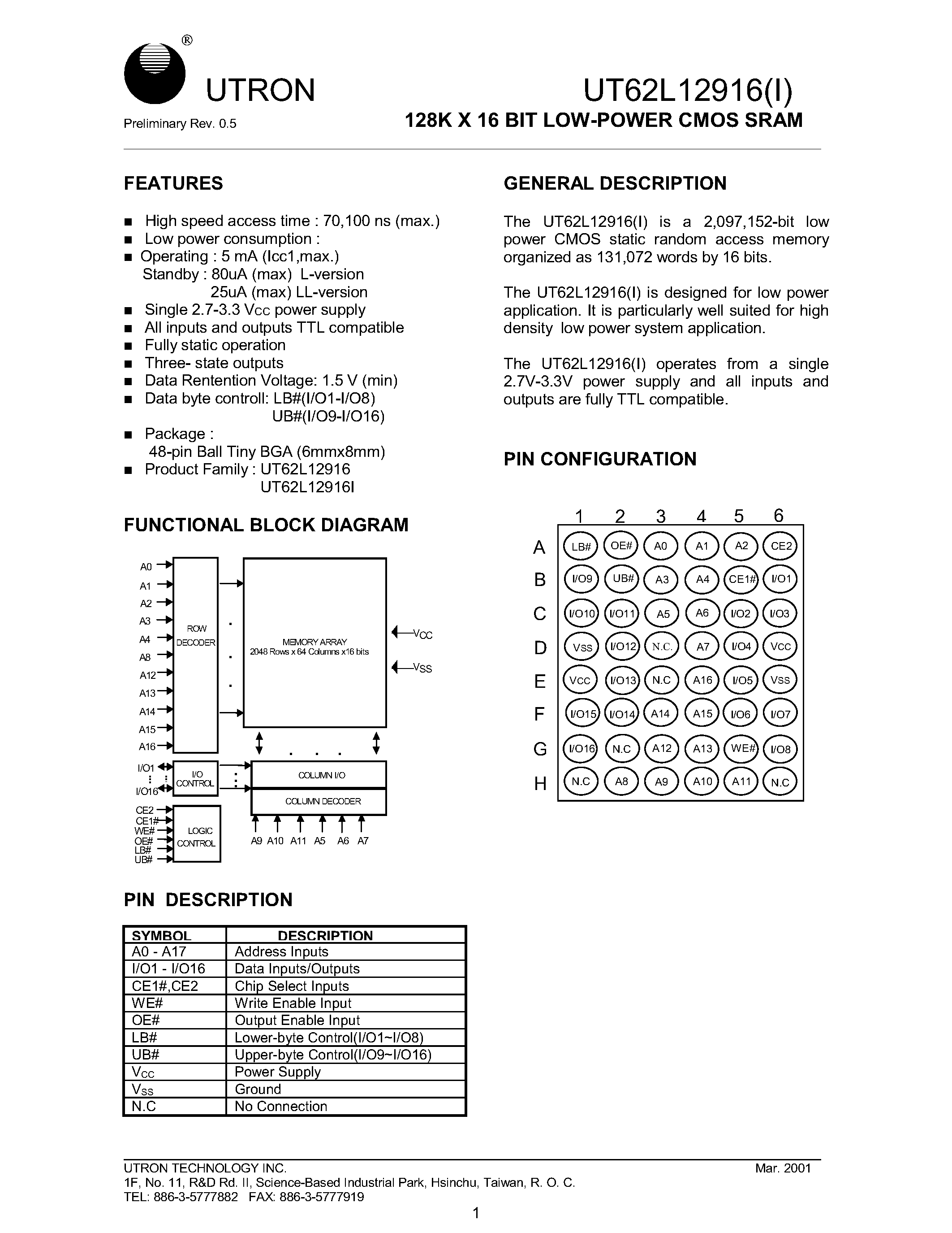 Даташит UT62L12916 - 128K X 16 BIT LOW POWER CMOS SRAM страница 1