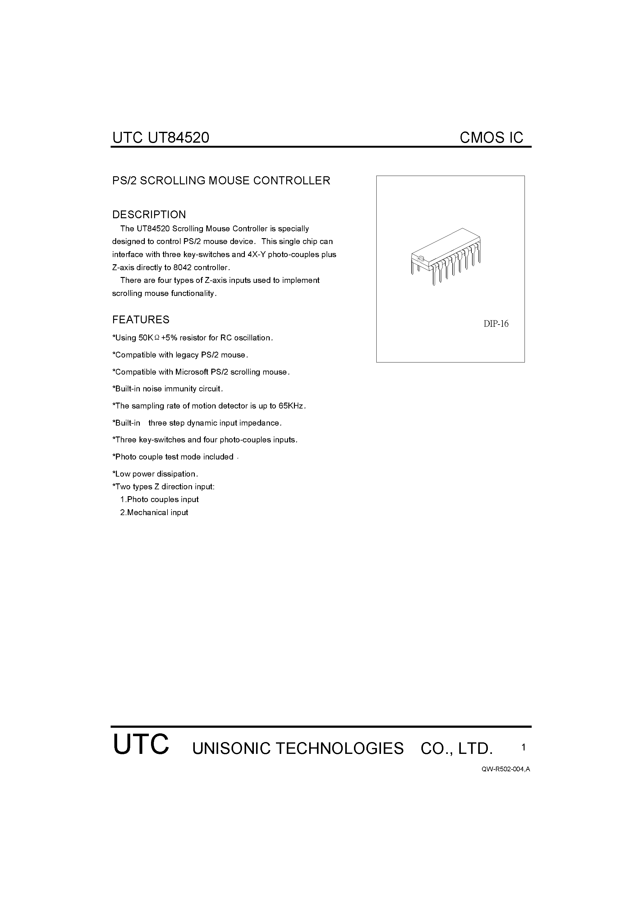 Datasheet UT84520 page 1 Datasheet UT84520 - PS/2 SCROLLING MOUSE CONTROLLER page 1