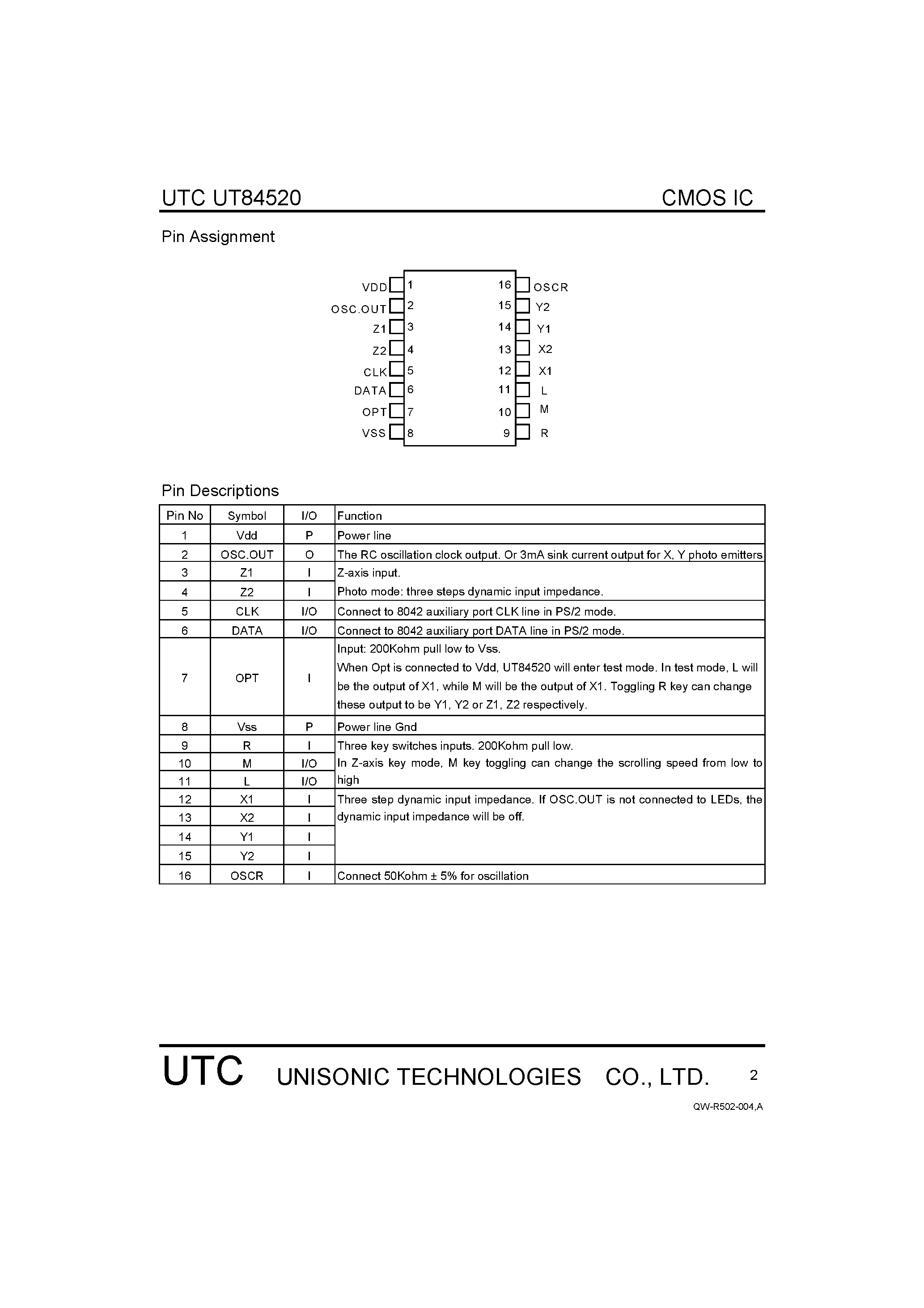 Datasheet UT84520 page 2 Datasheet UT84520 - PS/2 SCROLLING MOUSE CONTROLLER page 2