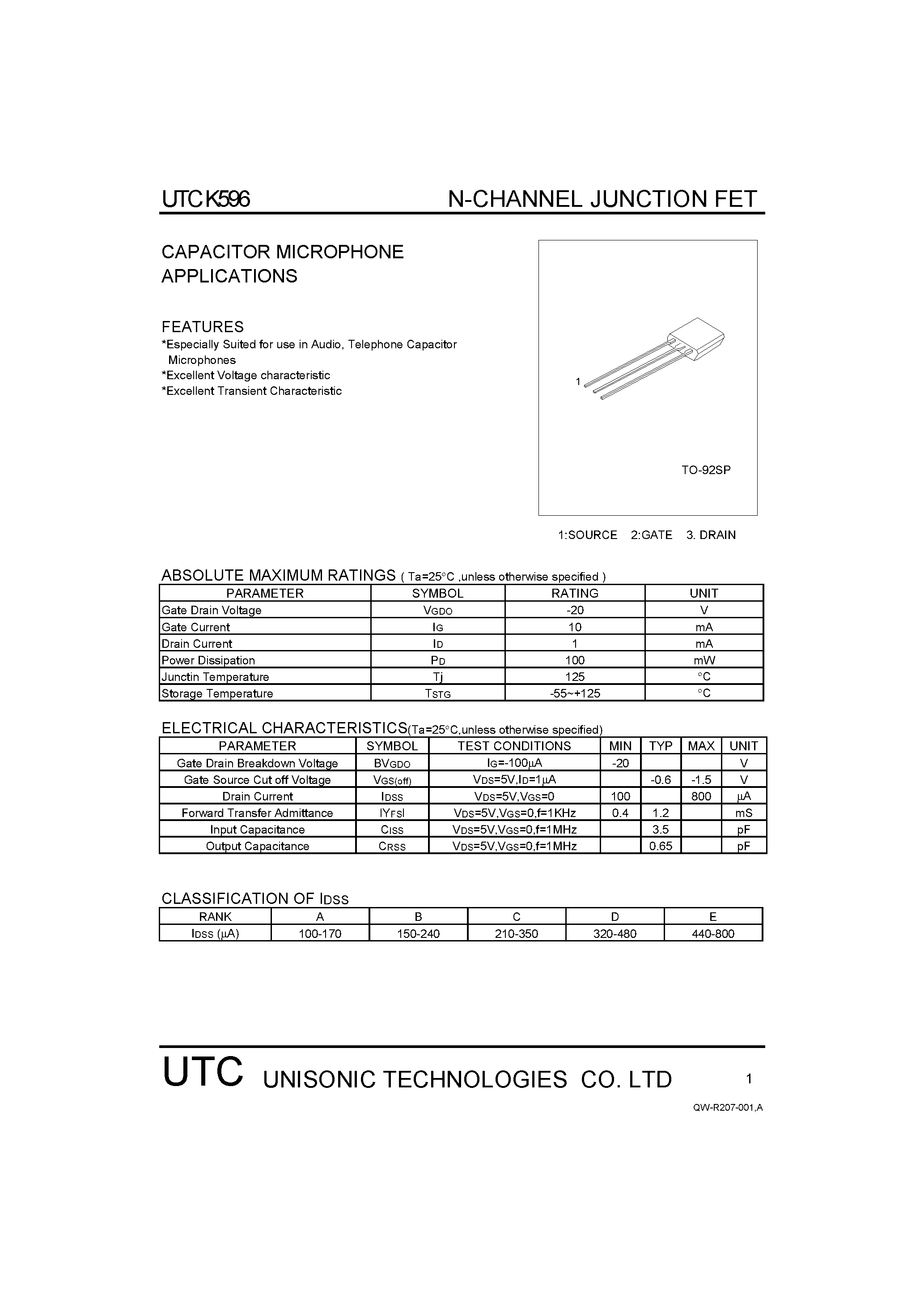Datasheet UTCK596 - CAPACITOR MICROPHONE APPLICATIONS page 1