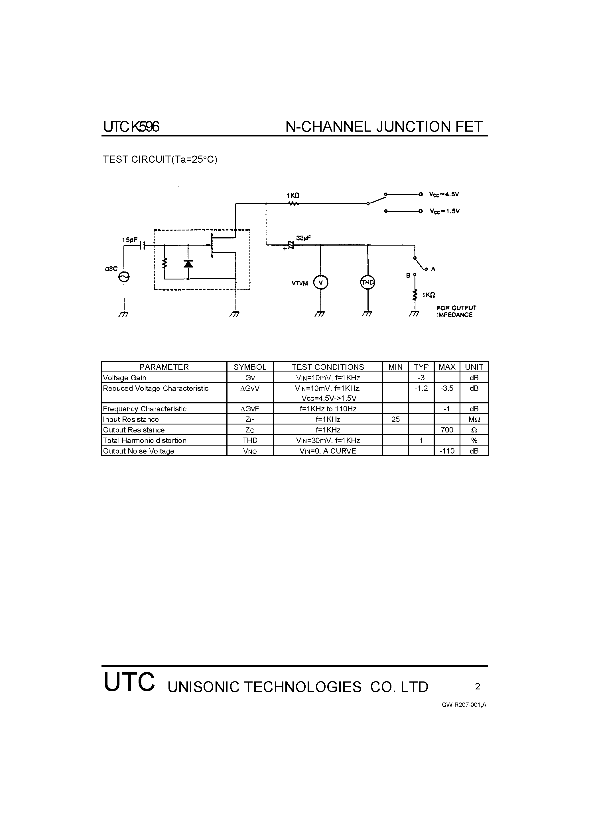 Datasheet UTCK596 - CAPACITOR MICROPHONE APPLICATIONS page 2