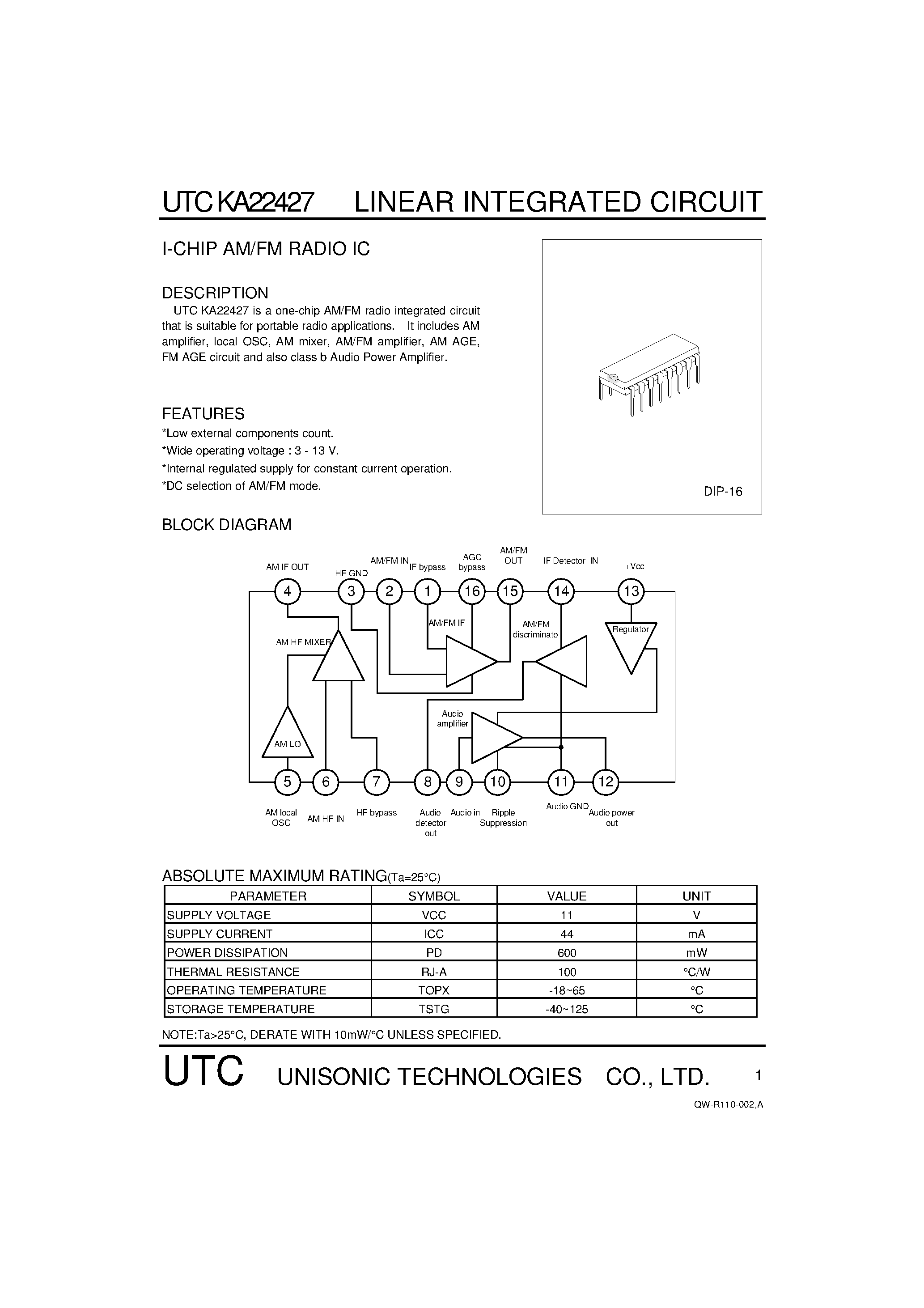 Даташит UTCKA22427 - I-CHIP AM/FM RADIO IC страница 1