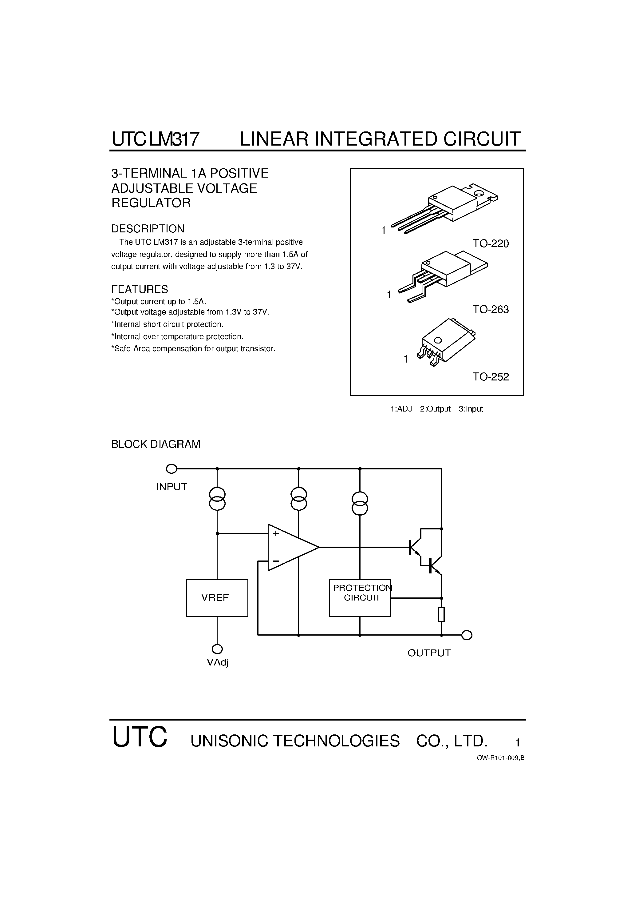 Даташит UTCLM317 - 3-TERMINAL 1A POSITIVE ADJUSTABLE VOLTAGE REGULATOR страница 1