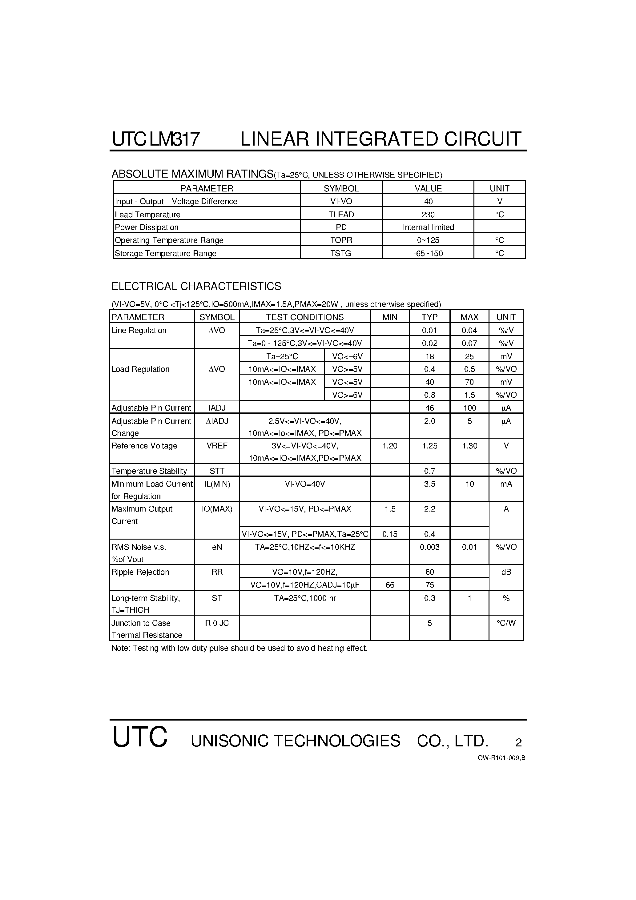Даташит UTCLM317 - 3-TERMINAL 1A POSITIVE ADJUSTABLE VOLTAGE REGULATOR страница 2