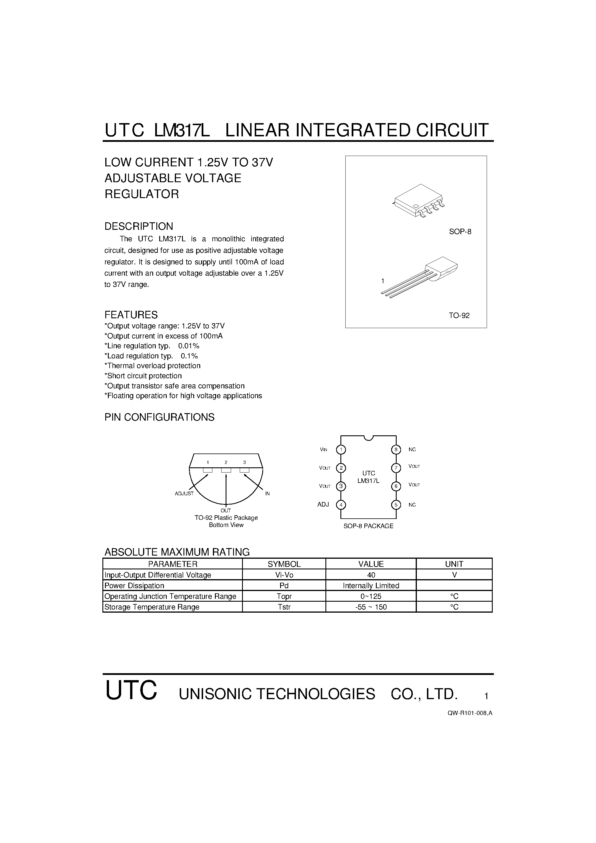 Datasheet UTCLM317L page 1 Datasheet UTCLM317L - LOW CURRENT 1.25V TO 37V ADJUSTABLE VOLTAGE REGULATOR page 1