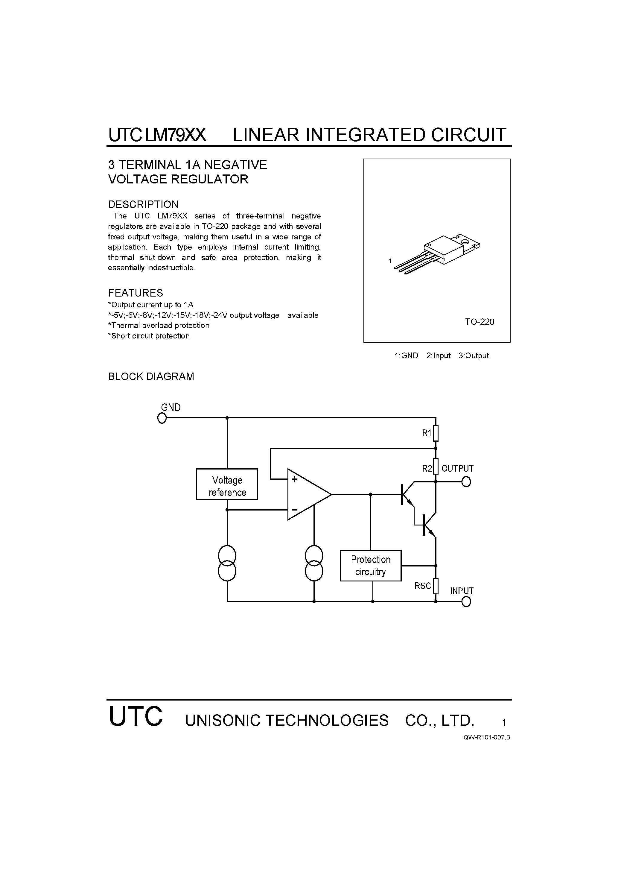 Даташит UTCLM7924 - 3 TERMINAL 1A NEGATIVE VOLTAGE REGULATOR страница 1