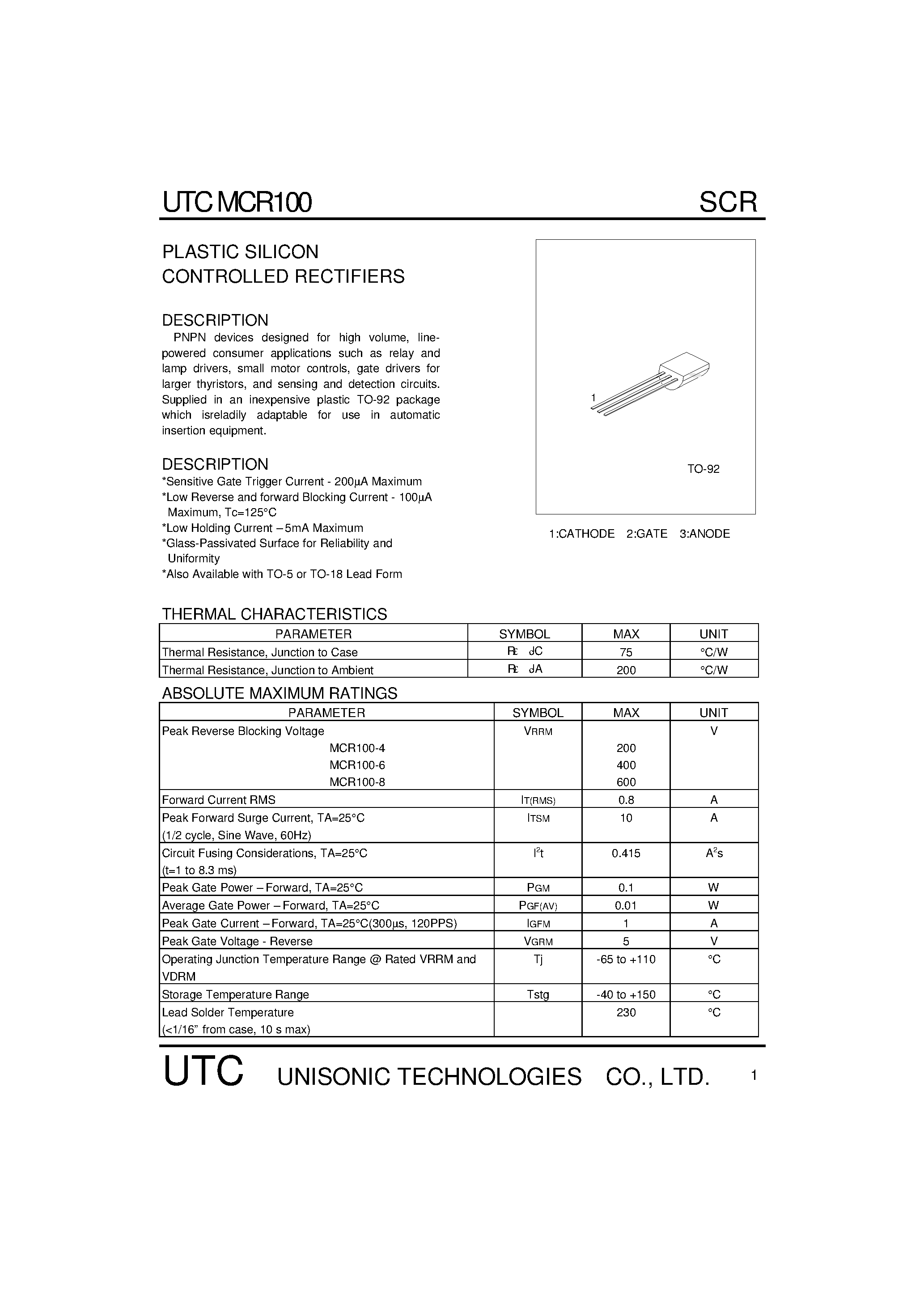 Datasheet UTCMCR100 page 1 Datasheet UTCMCR100 - PLASTIC SILICON CONTROLLED RECTIFIERS(PNPN devices designed for high volume) page 1
