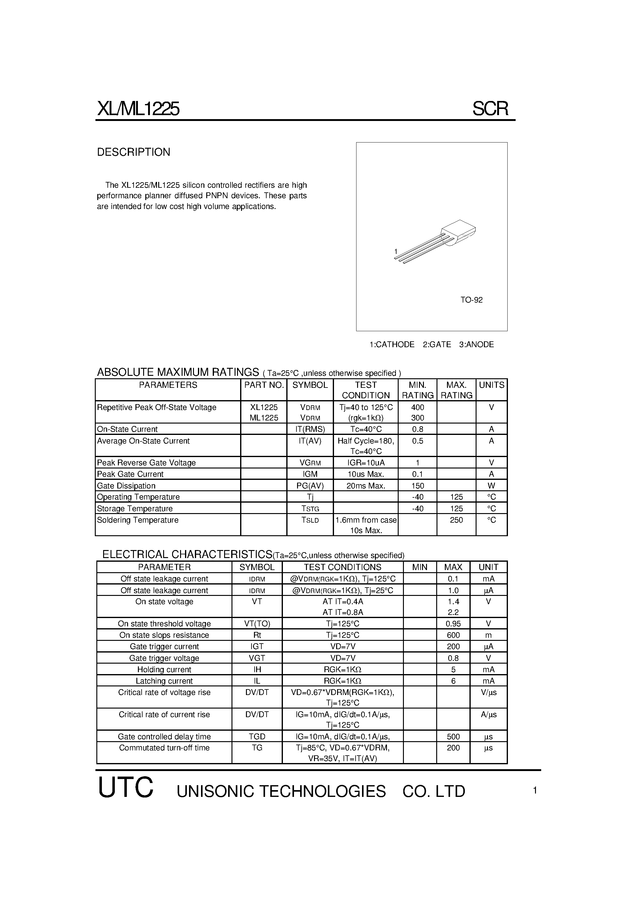 Даташит на микросхему UTCML1225 страница 1 Даташит UTCML1225 - The XL1225/ML1225 silicon controlled rectifiers страница 1
