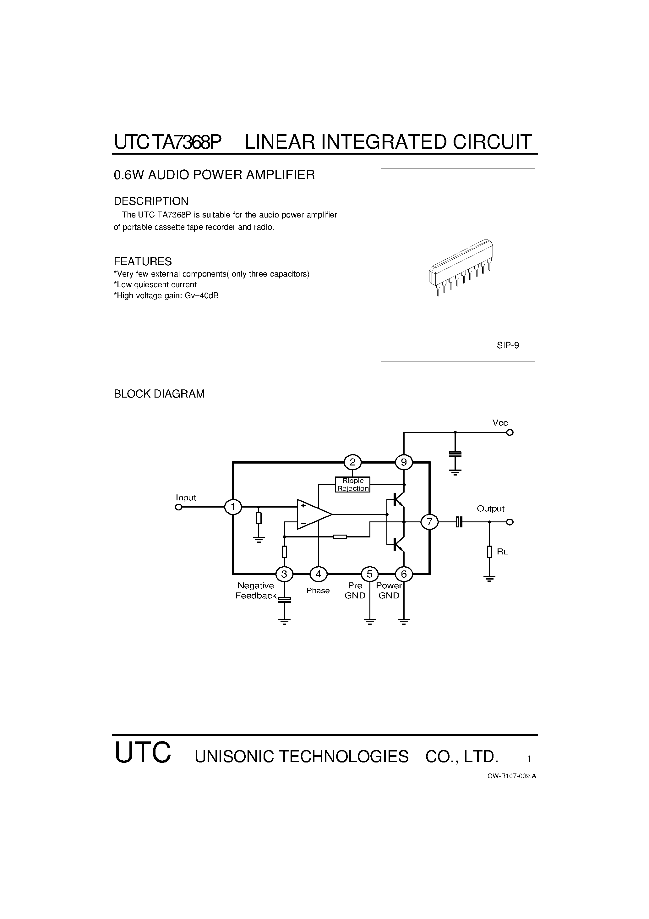 Datasheet UTCTA7368P page 1 Datasheet UTCTA7368P - 0.6W AUDIO POWER AMPLIFIER page 1