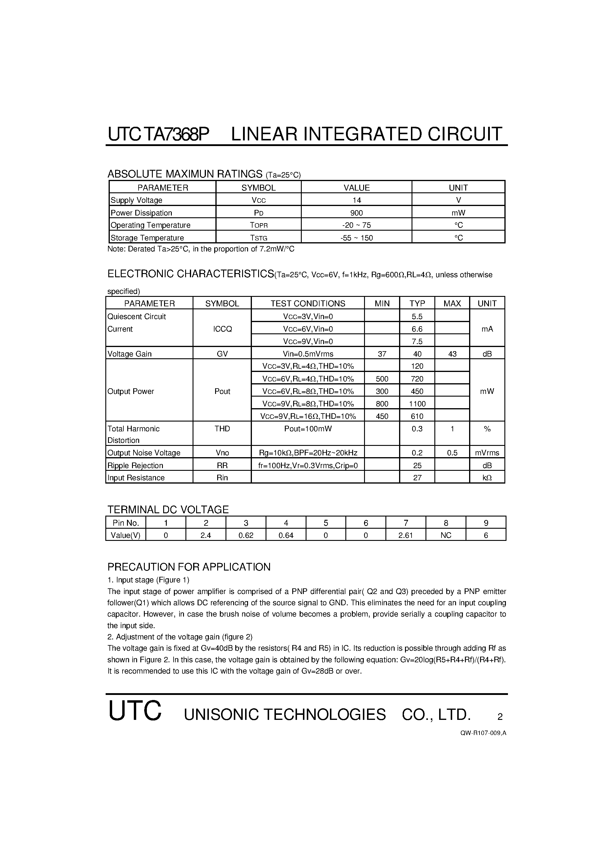Datasheet UTCTA7368P page 2 Datasheet UTCTA7368P - 0.6W AUDIO POWER AMPLIFIER page 2