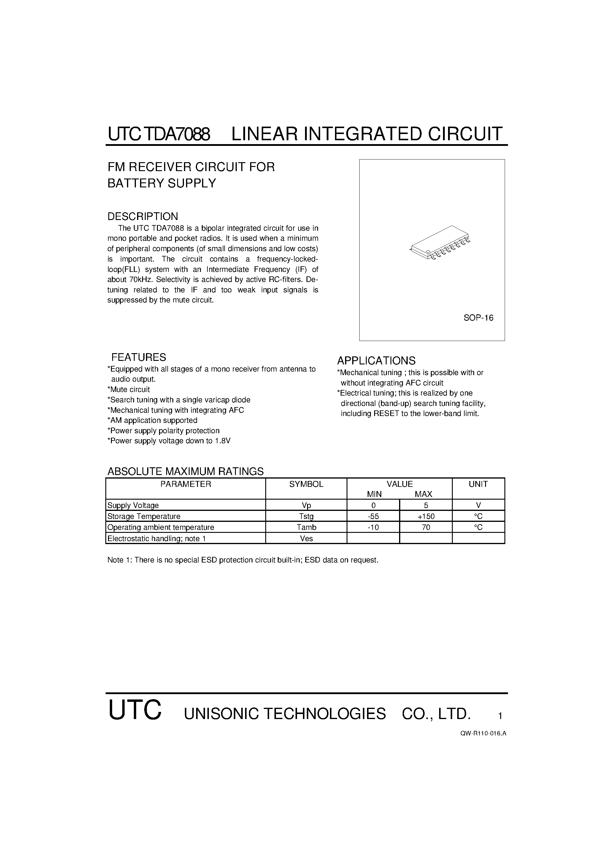 Datasheet UTCTDA7088 - FM RECEIVER CIRCUIT FOR BATTERY SUPPLY page 1