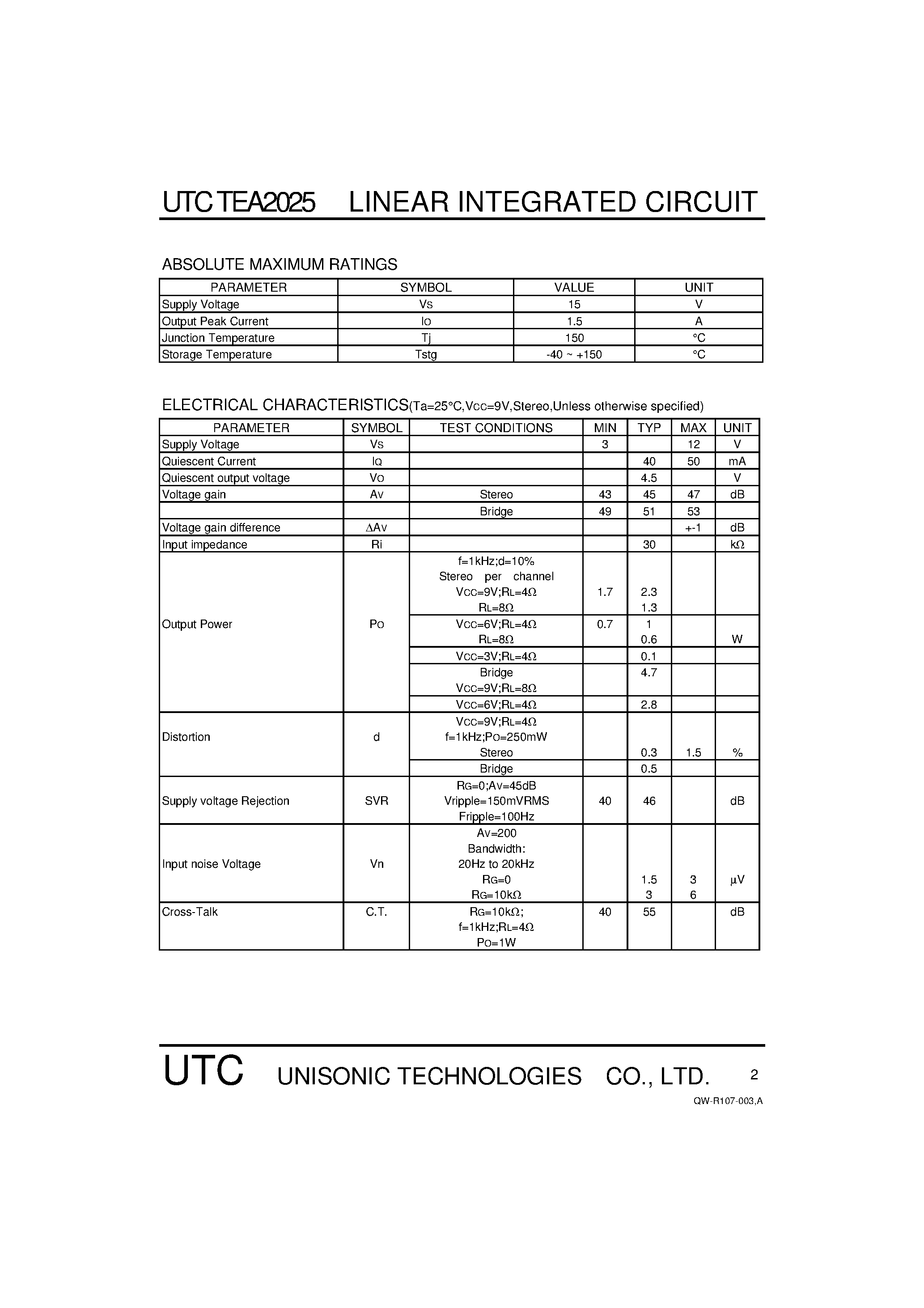 Datasheet UTCTEA2025 page 2 Datasheet UTCTEA2025 - STEREO AUDIO AMPLIFIER page 2