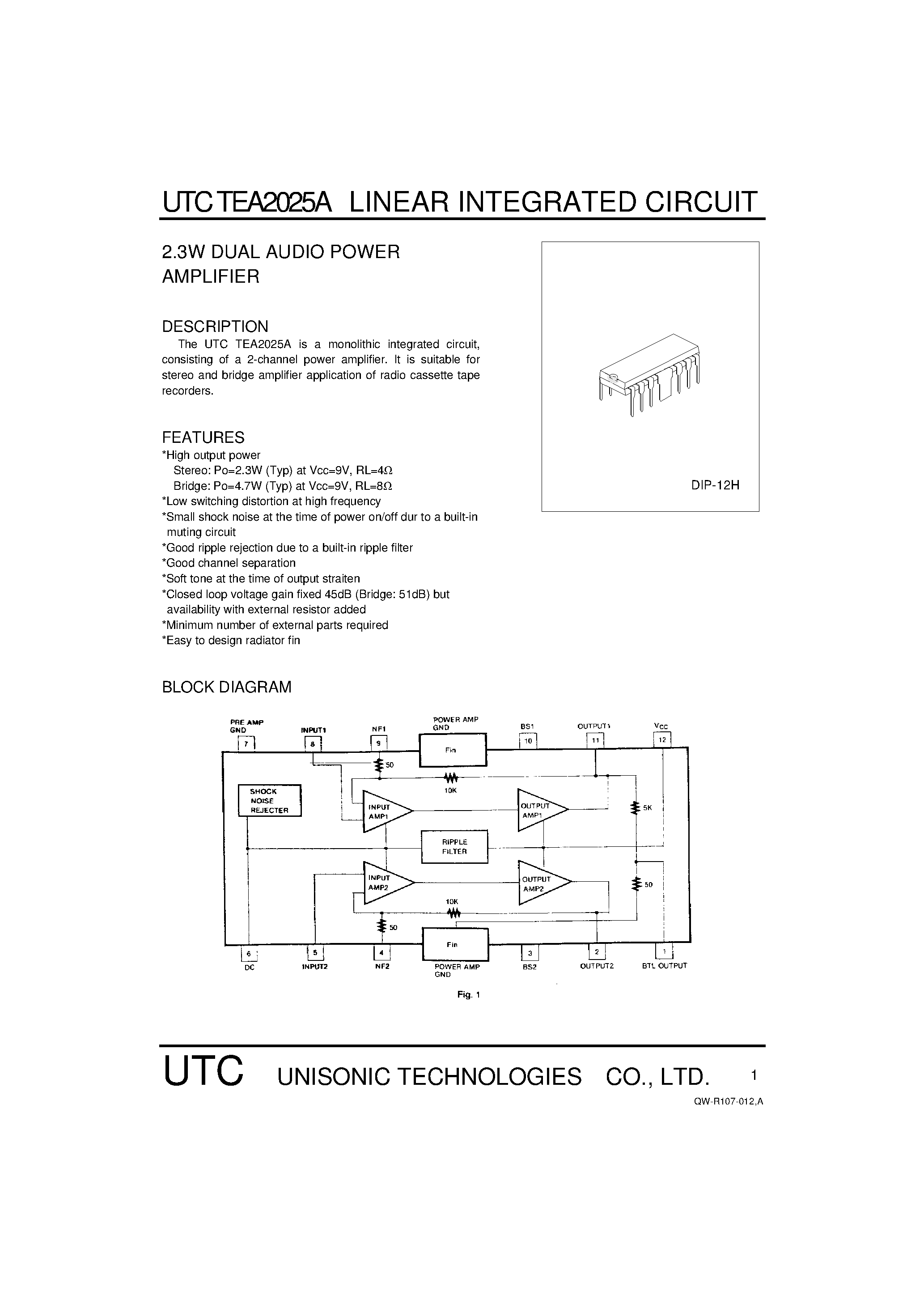 Datasheet UTCTEA2025A page 1 Datasheet UTCTEA2025A - 2.3W DUAL AUDIO POWER AMPLIFIER page 1