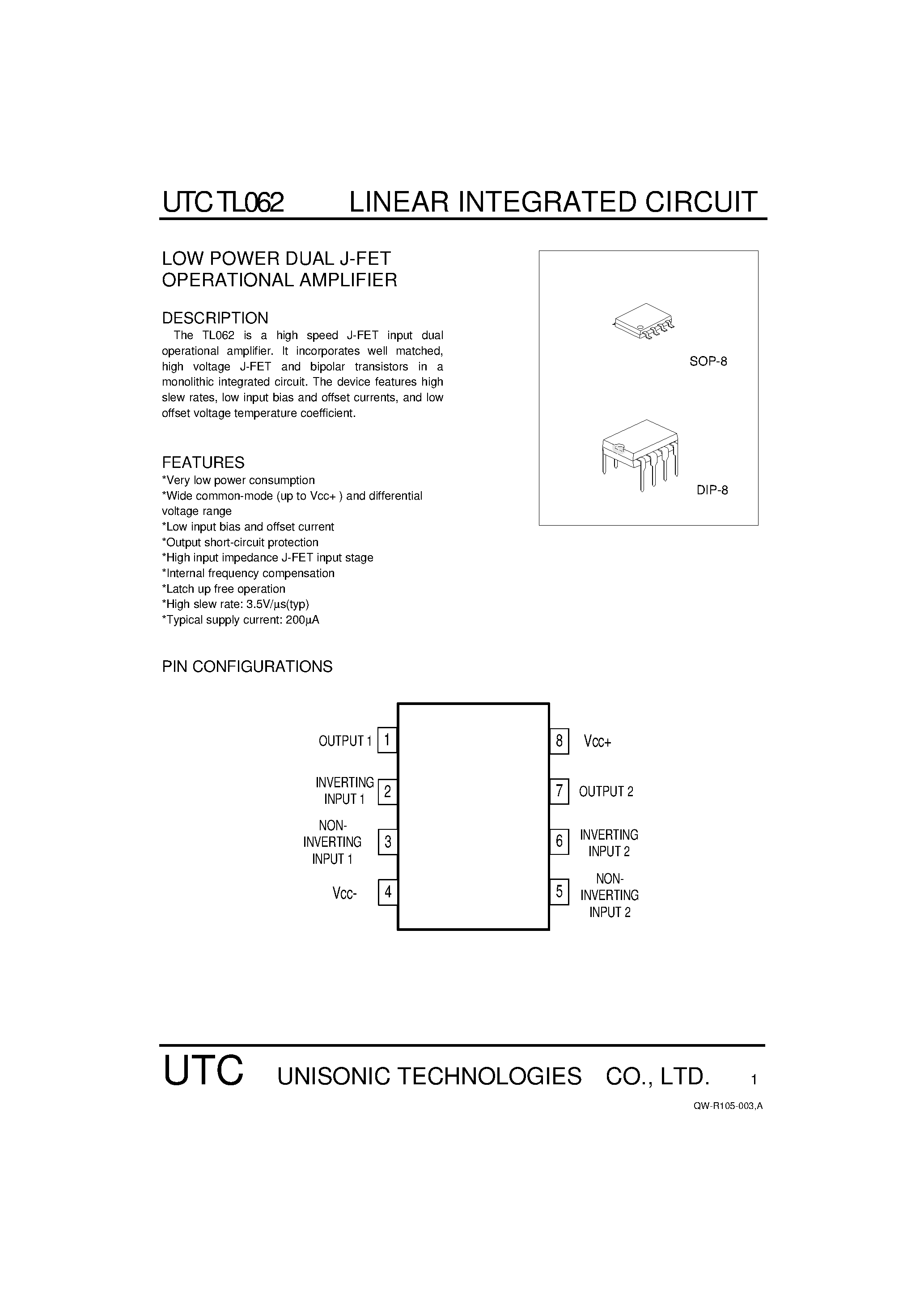Datasheet UTCTL062 page 1 Datasheet UTCTL062 - LOW POWER DUAL J-FET OPERATIONAL AMPLIFIER page 1