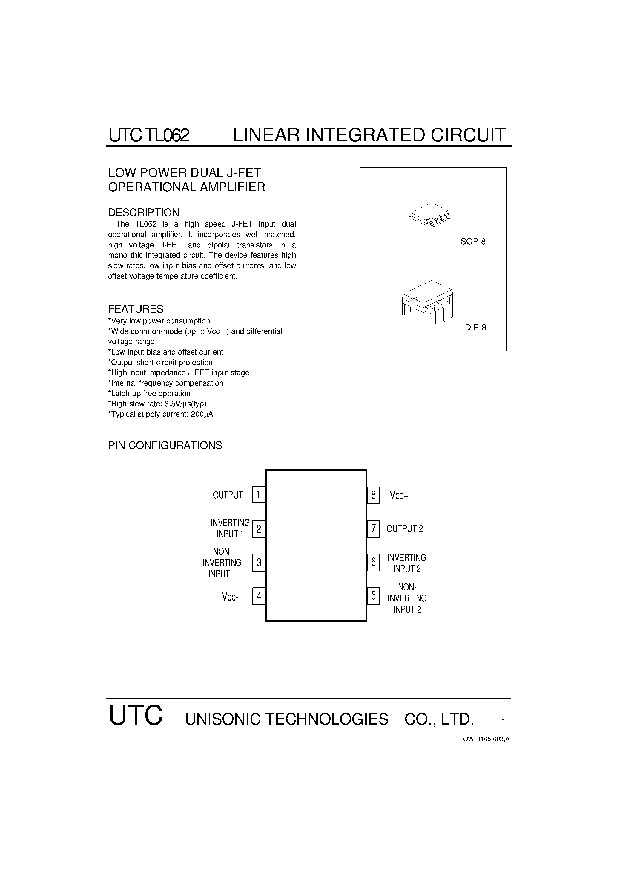 Datasheet UTCTL062 - LOW POWER DUAL J-FET OPERATIONAL AMPLIFIER page 1