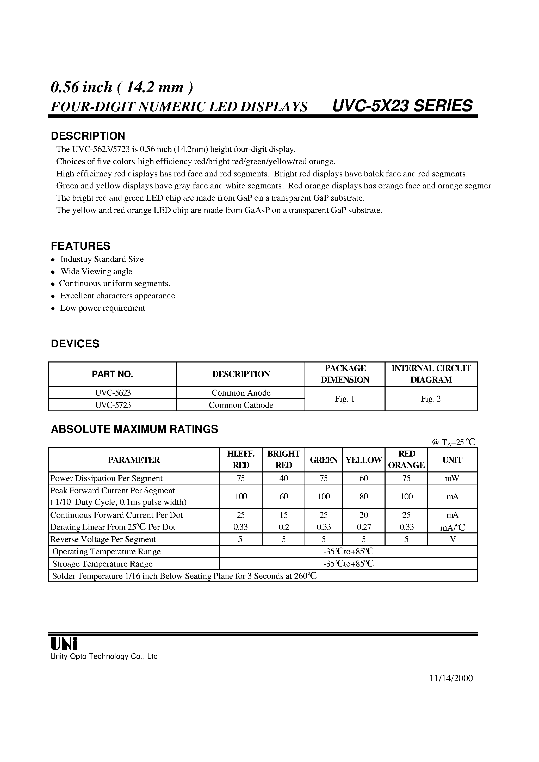 Datasheet UVC-5X23 - 0.56 inch ( 14.2 mm ) FOUR-DIGIT NUMERIC LED DISPLAYS page 1