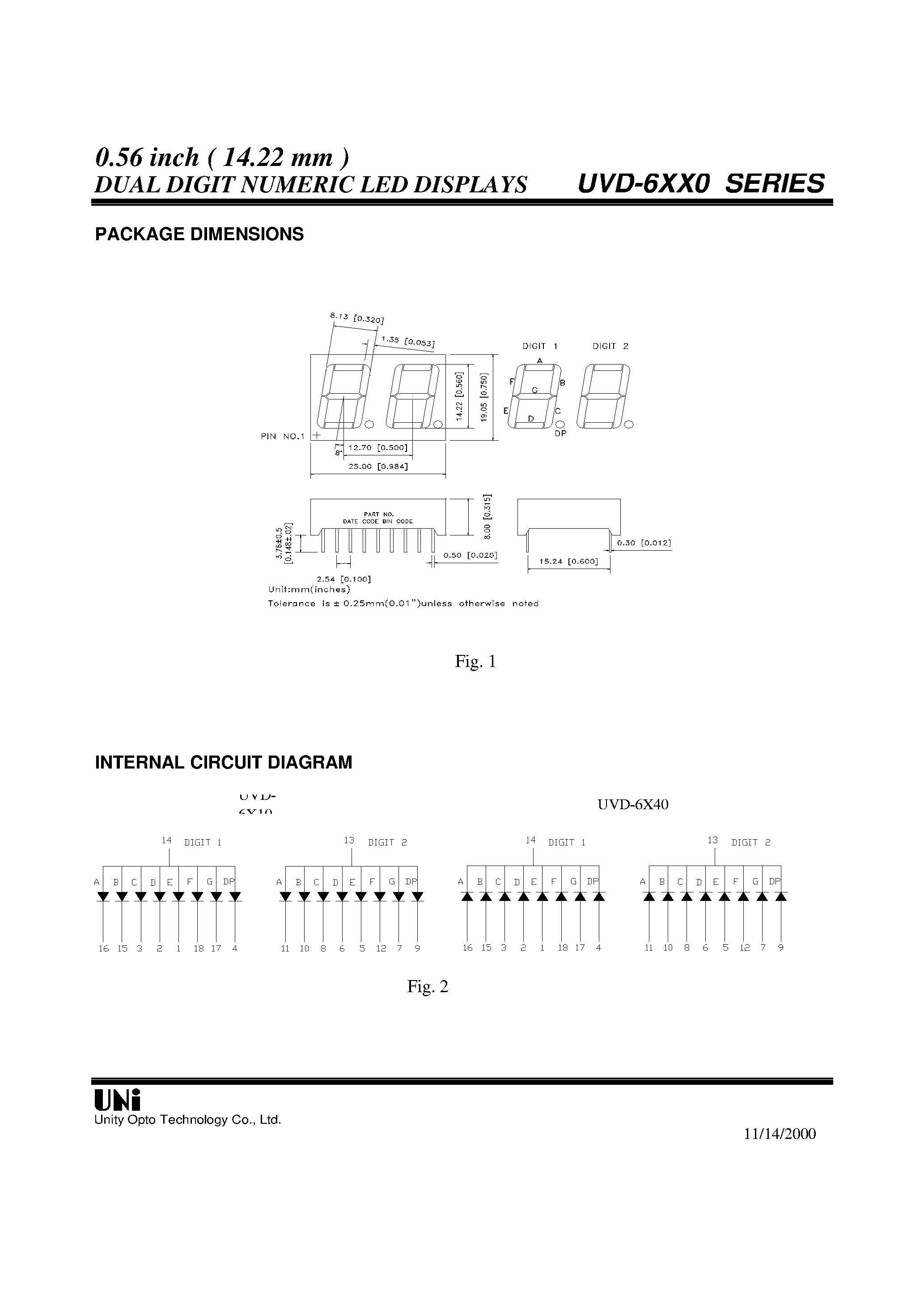 Datasheet UVD-6X40 page 2 Datasheet UVD-6X40 - 0.56 inch ( 14.22 mm ) DUAL DIGIT NUMERIC LED DISPLAYS page 2