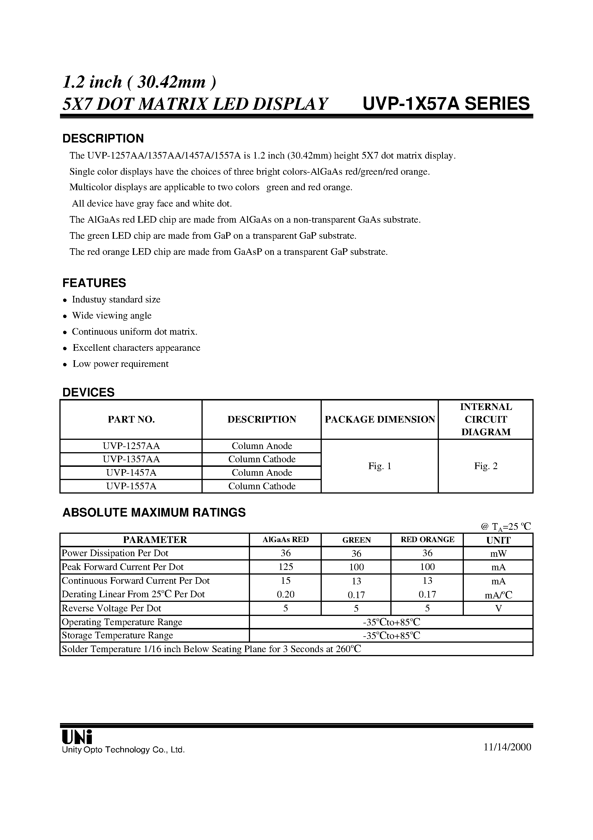 Datasheet UVP-1457AG - 1.2 inch ( 30.42mm ) 5X7 DOT MATRIX LED DISPLAY page 1