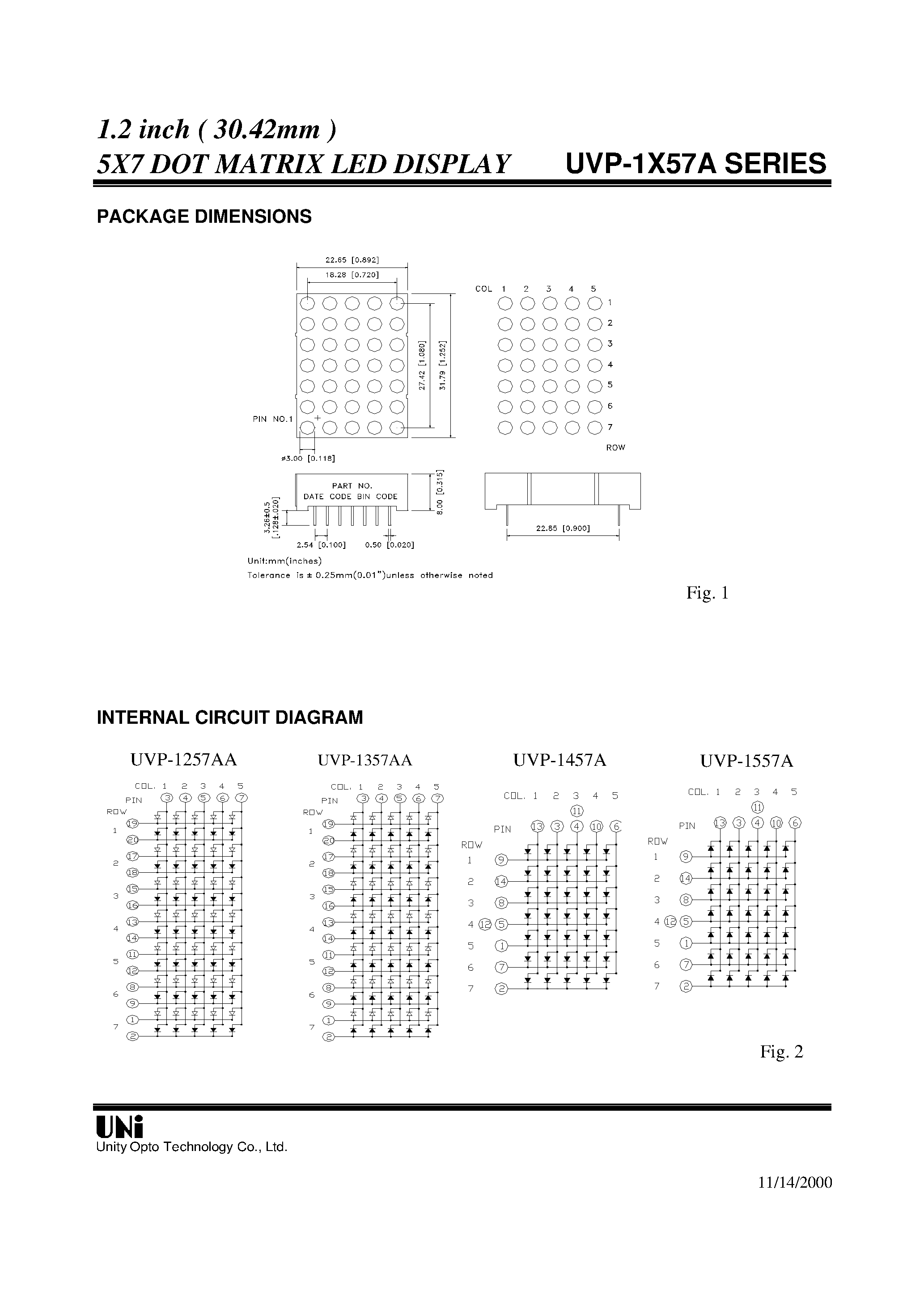 Datasheet UVP-1557AG - 1.2 inch ( 30.42mm ) 5X7 DOT MATRIX LED DISPLAY page 2