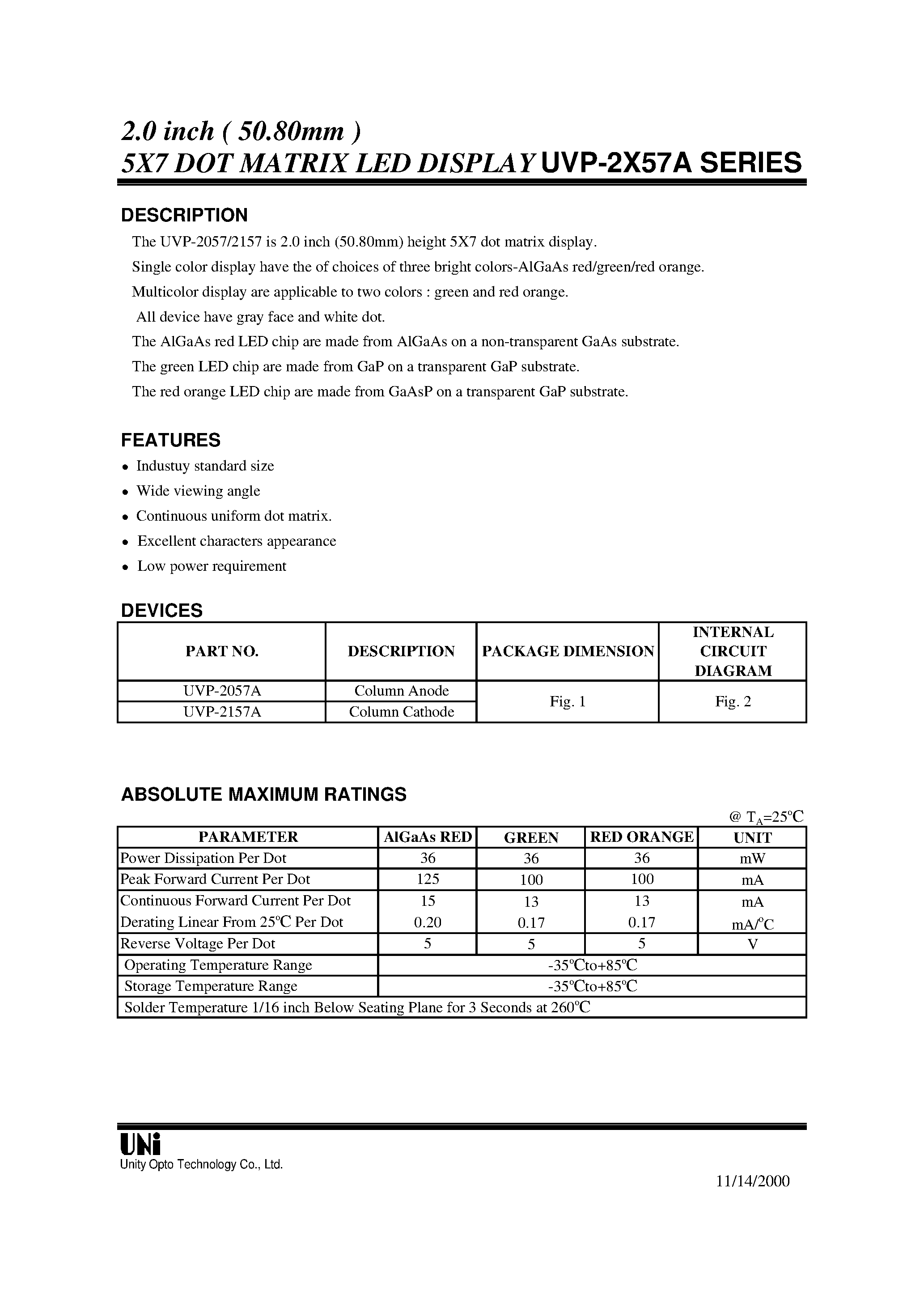Datasheet UVP-2057A page 1 Datasheet UVP-2057A - 2.0 inch ( 50.80mm ) 5X7 DOT MATRIX LED DISPLAY UVP-2X57A SERIES page 1