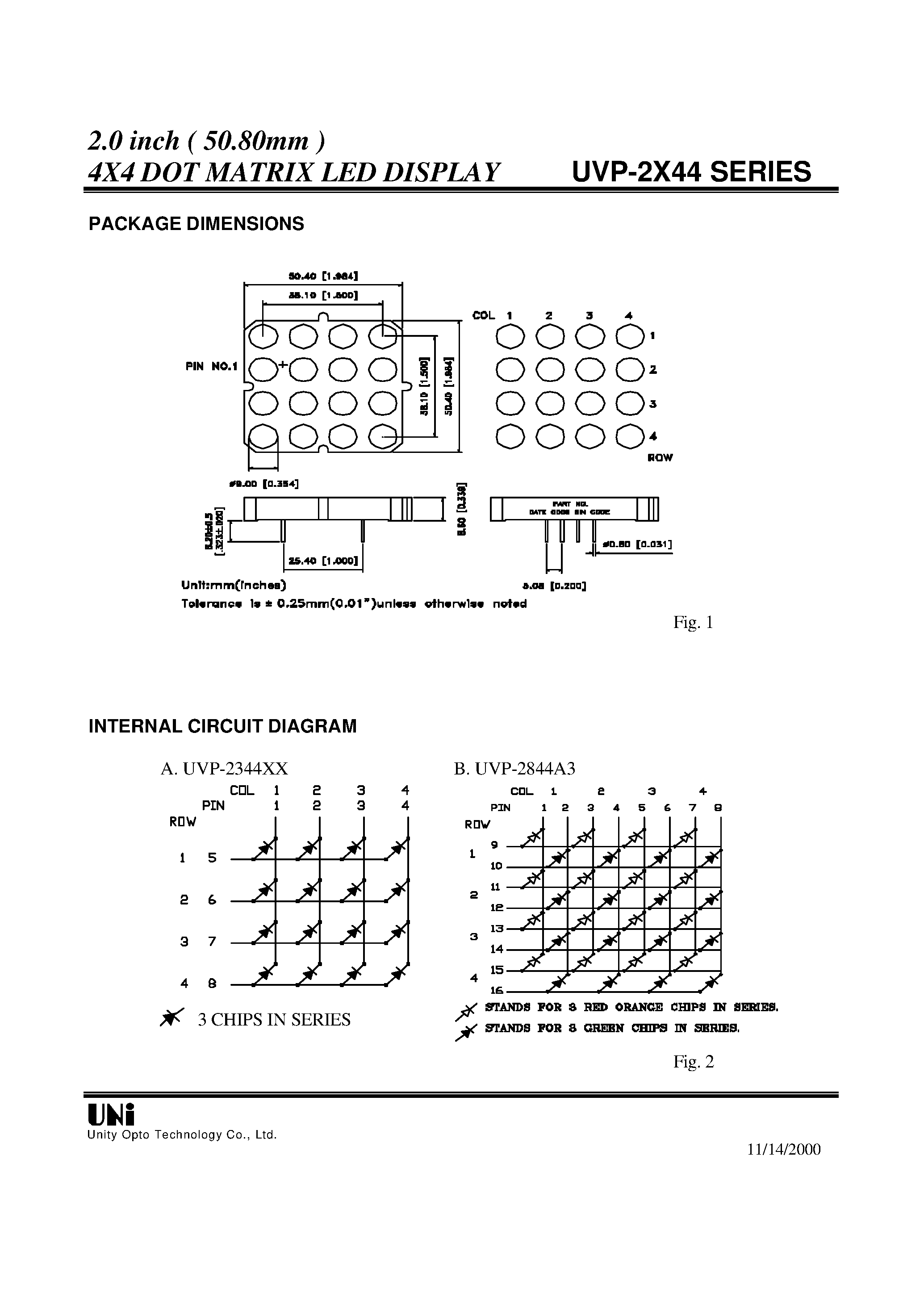 Datasheet UVP-2X44 page 2 Datasheet UVP-2X44 - 2.0 inch ( 50.80mm ) 4X4 DOT MATRIX LED DISPLAY page 2