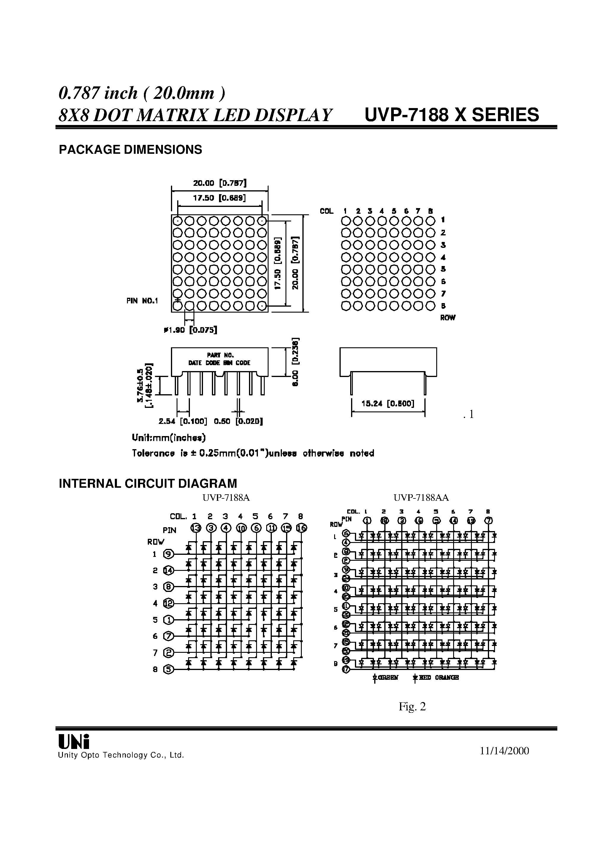 Datasheet UVP-7188X page 2 Datasheet UVP-7188X - 0.787 inch ( 20.0mm ) 8X8 DOT MATRIX LED DISPLAY page 2