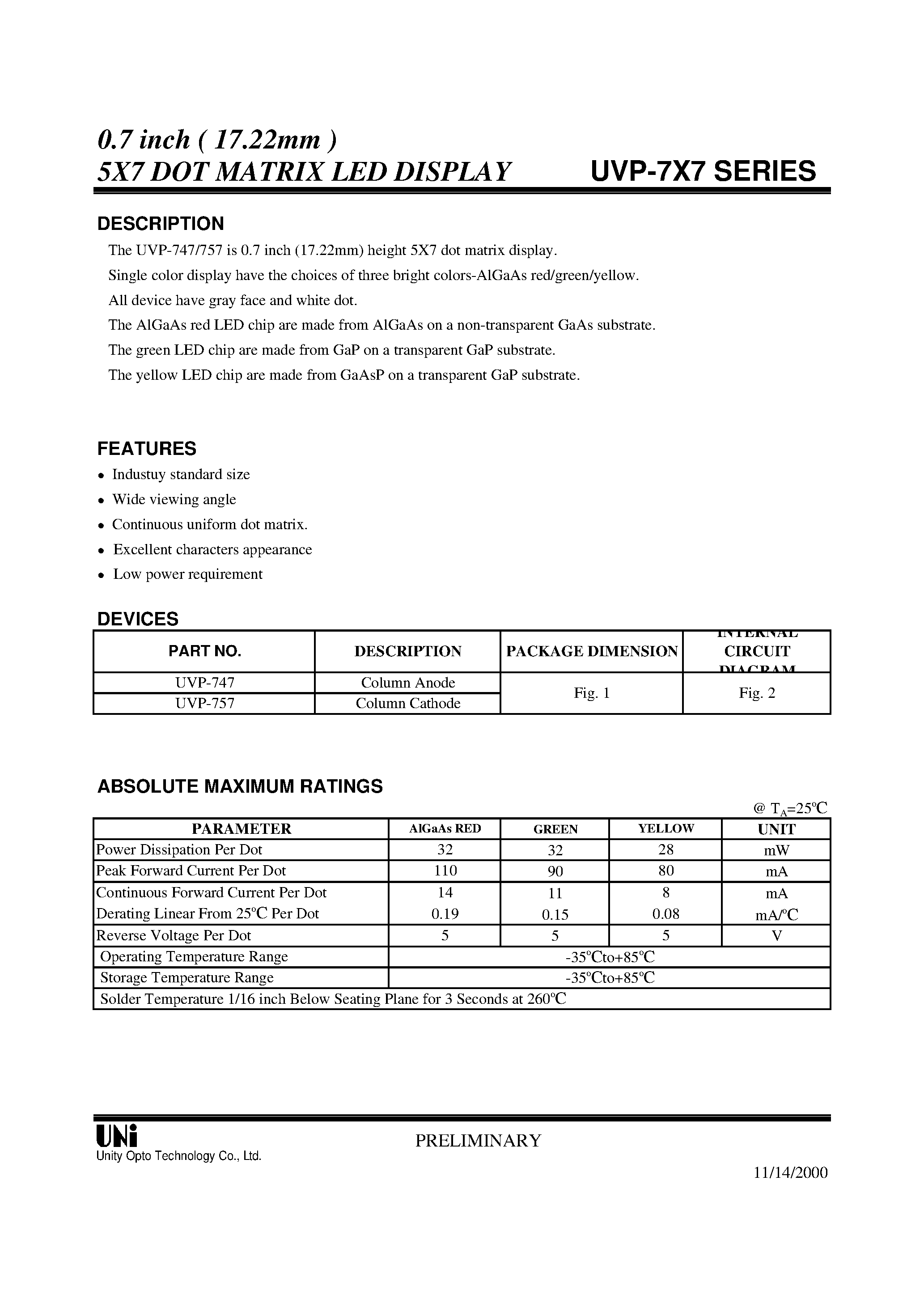 Datasheet UVP-7X7 - 0.7 inch ( 17.22mm ) 5X7 DOT MATRIX LED DISPLAY page 1