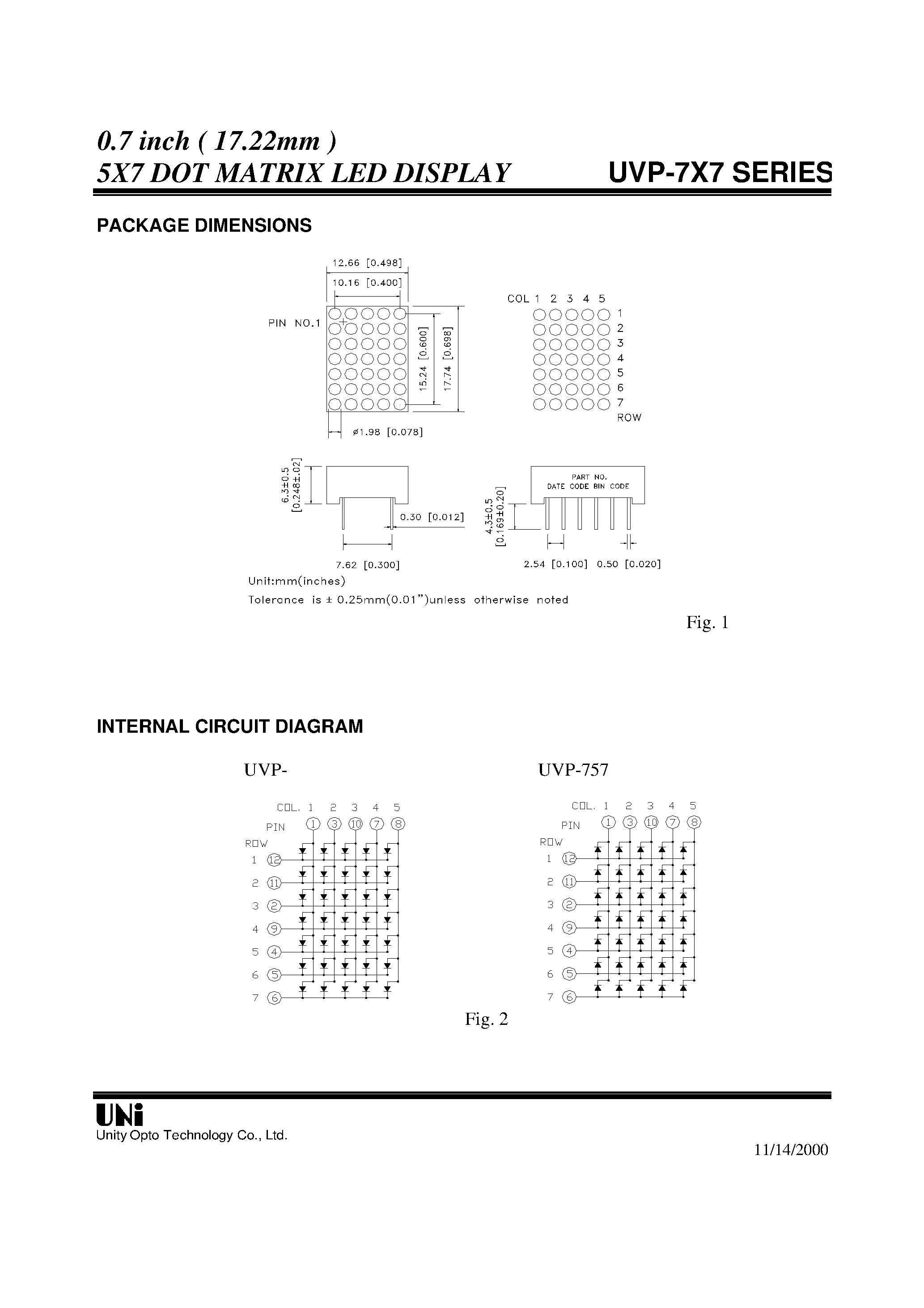 Datasheet UVP-7X7 - 0.7 inch ( 17.22mm ) 5X7 DOT MATRIX LED DISPLAY page 2