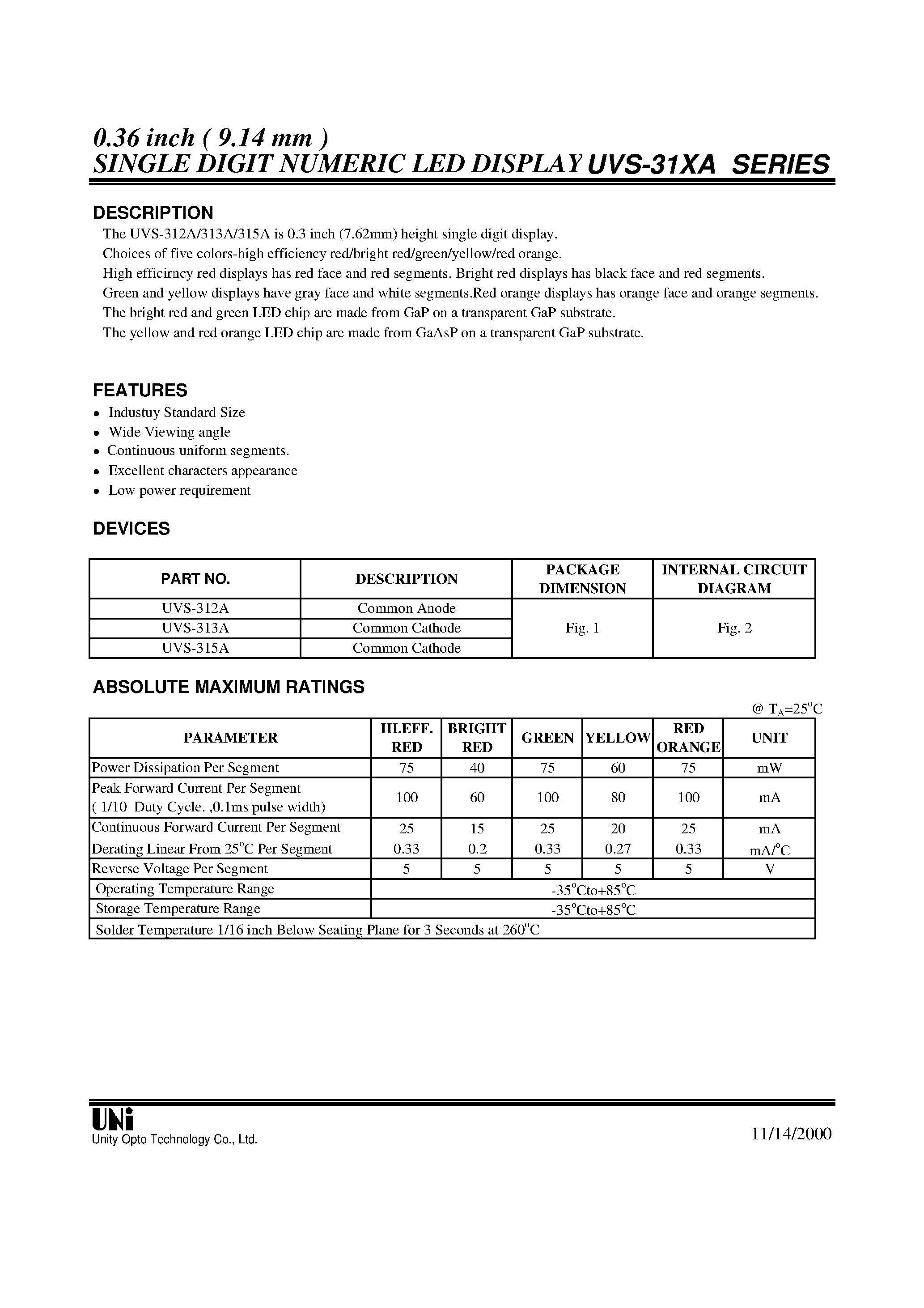 Datasheet UVS-313A - 0.36 inch ( 9.14 mm ) SINGLE DIGIT NUMERIC LED DIISPLAYUVS-31XA page 1