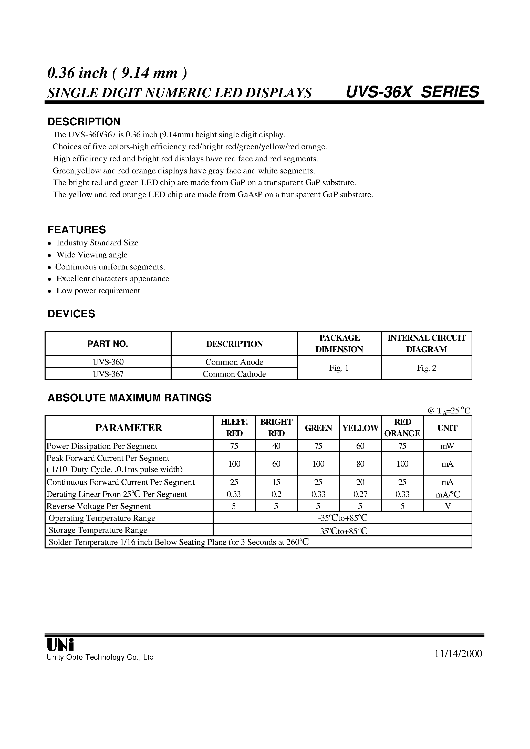 Datasheet UVS-360 page 1 Datasheet UVS-360 - 0.36 inch ( 9.14 mm ) SINGLE DIGIT NUMERIC LED DISPLAYS page 1