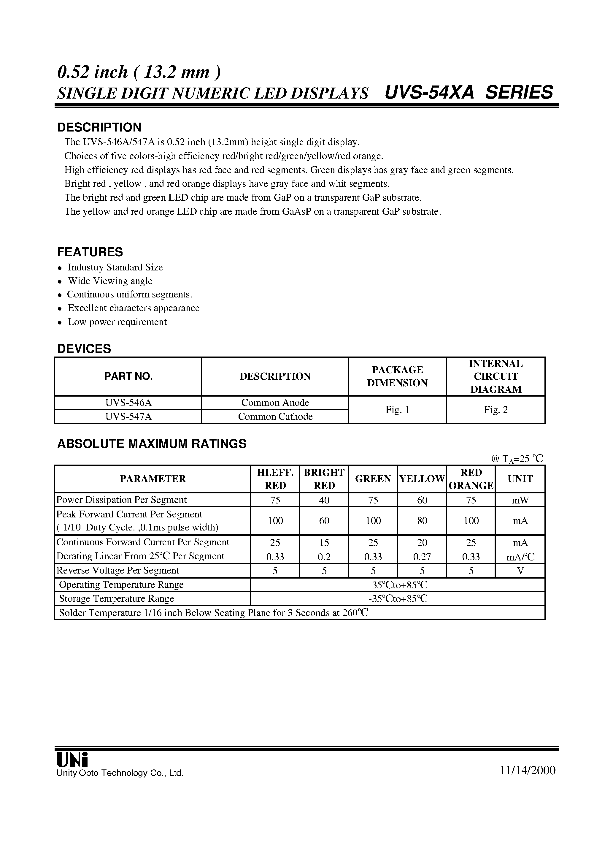 Datasheet UVS-546A page 1 Datasheet UVS-546A - 0.52 inch ( 13.2 mm ) SINGLE DIGIT NUMERIC LED DISPLAYS page 1