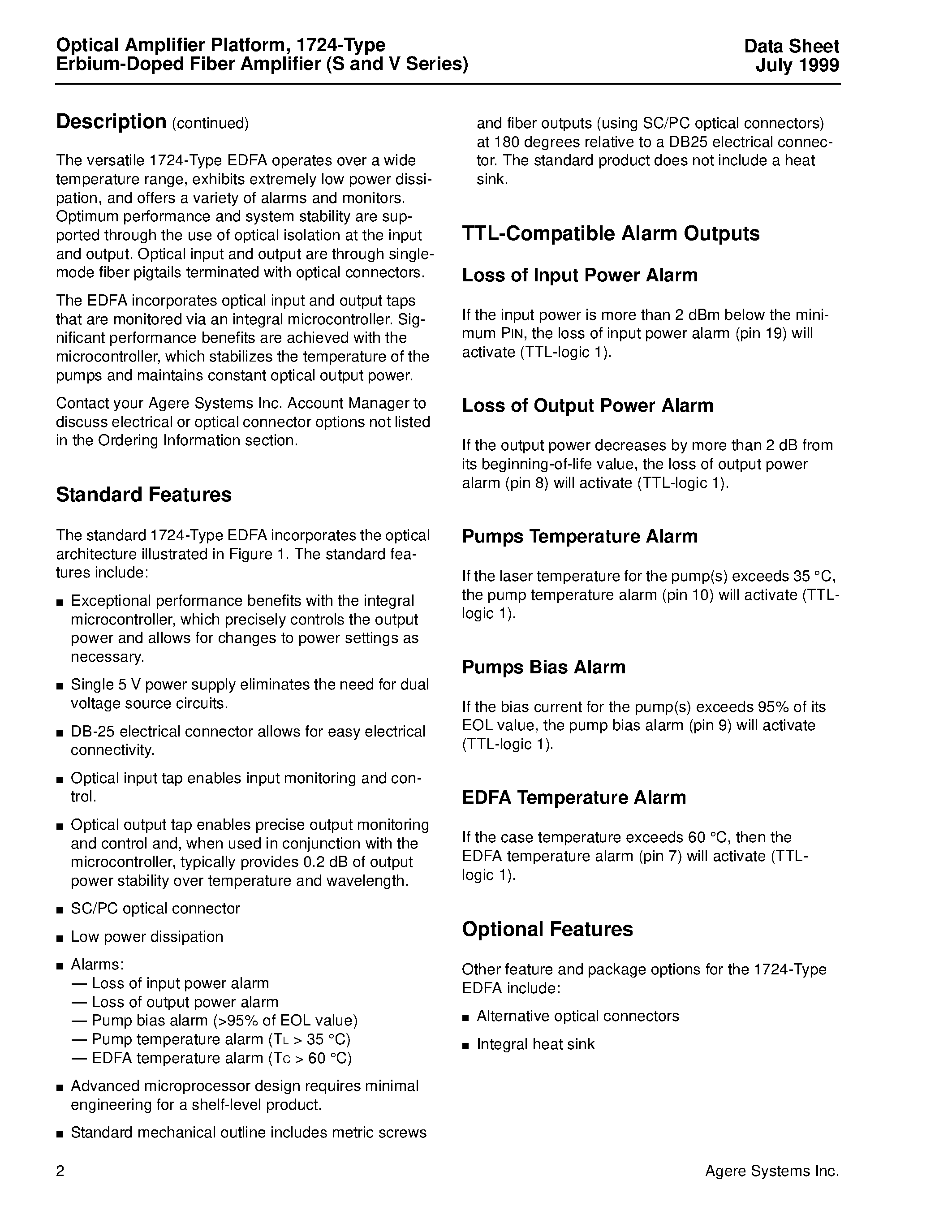 Datasheet V1724CGDA page 2 Datasheet V1724CGDA - Optical Amplifier Platform/1724-Type Eribium-Doped Fiber Amplifier(S and V Series) page 2