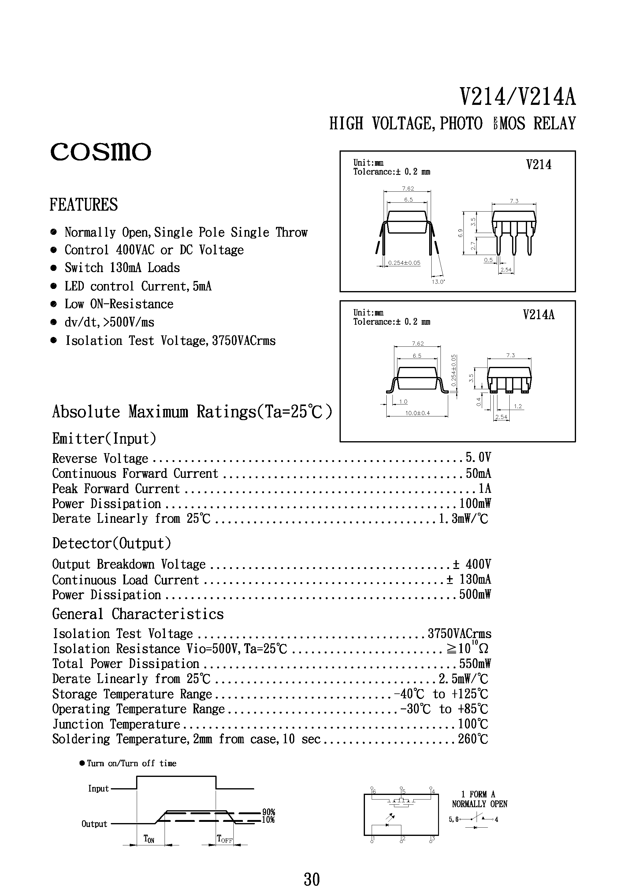 Datasheet V214 page 1 Datasheet V214 - HIGH VOLTAGE/ PHOTO EDMOS RELAY page 1