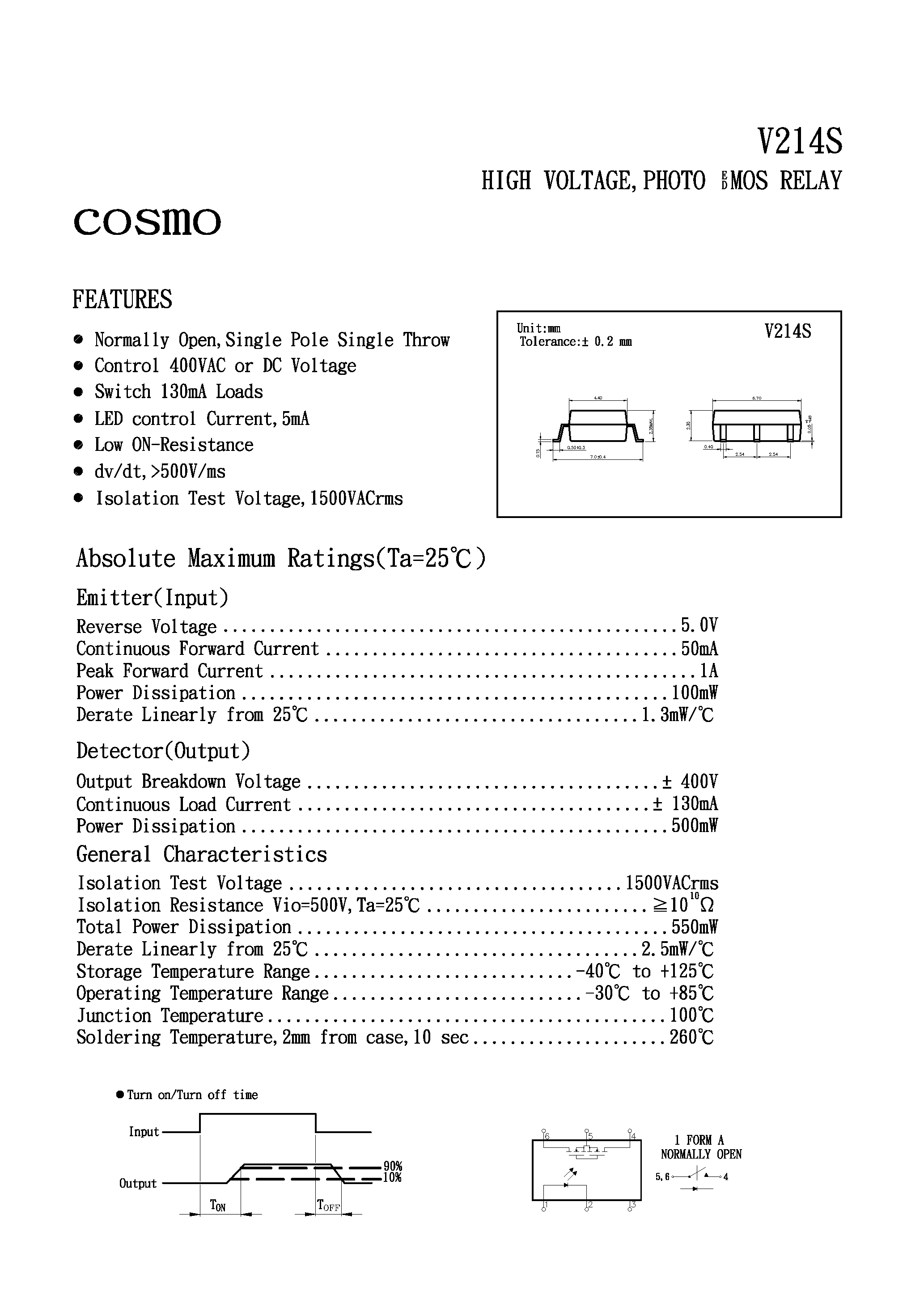 Datasheet V214S - HIGH VOLTAGE PHOTO MOS RELAY page 1