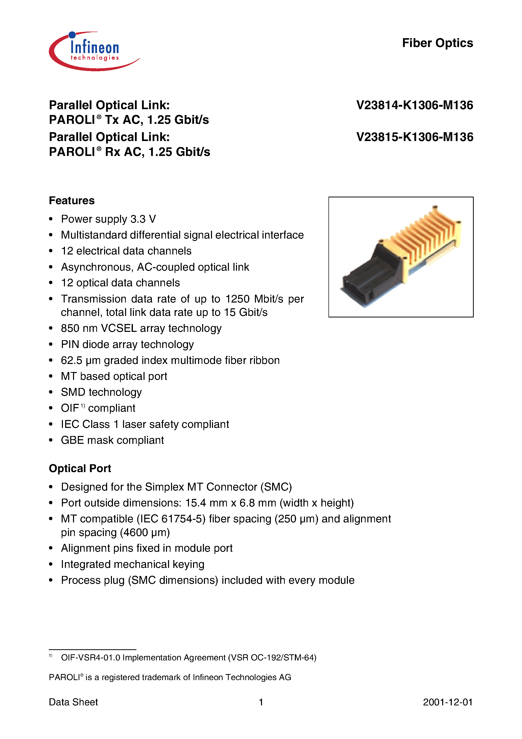 Datasheet V23814-K1306-M136 - PAROLI Tx AC/ 1.25 Gbit/s page 1