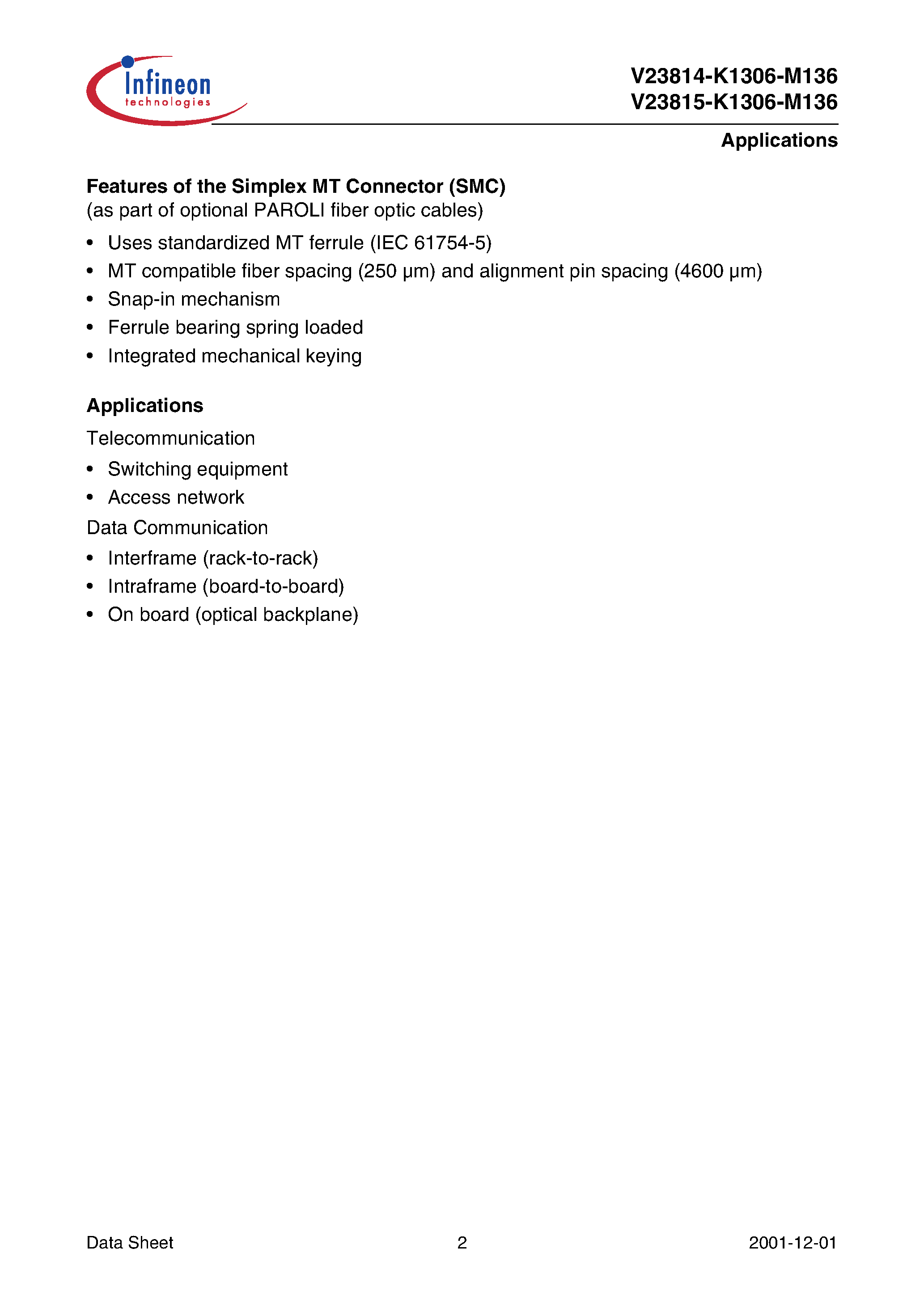 Datasheet V23814-K1306-M136 - PAROLI Tx AC/ 1.25 Gbit/s page 2