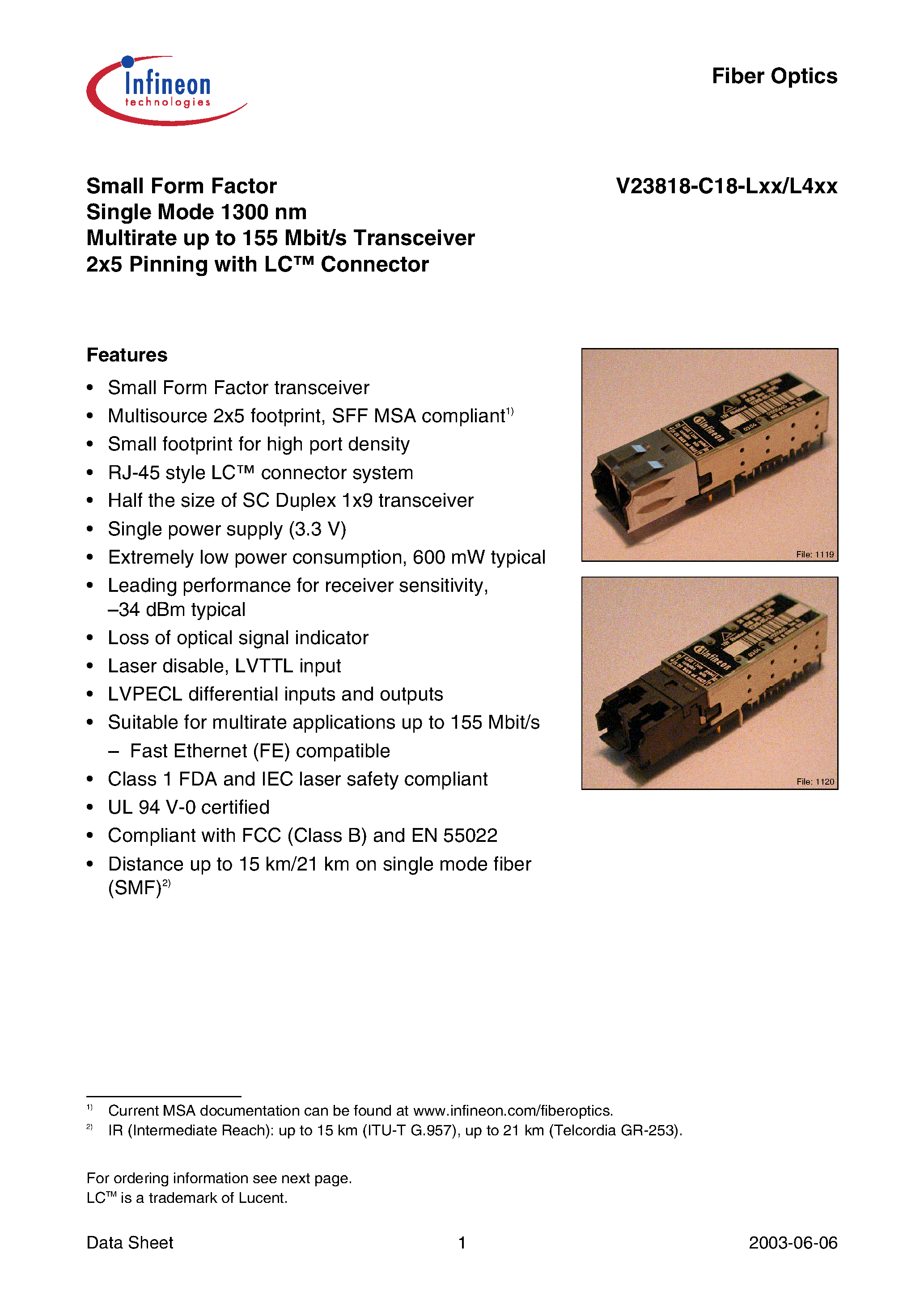 Datasheet V23818-C18-L46 - Small Form Factor Single Mode 1300 nm Multirate up to 155 Mbit/s Transceiver 2x5 Pinning with LC Connector page 1