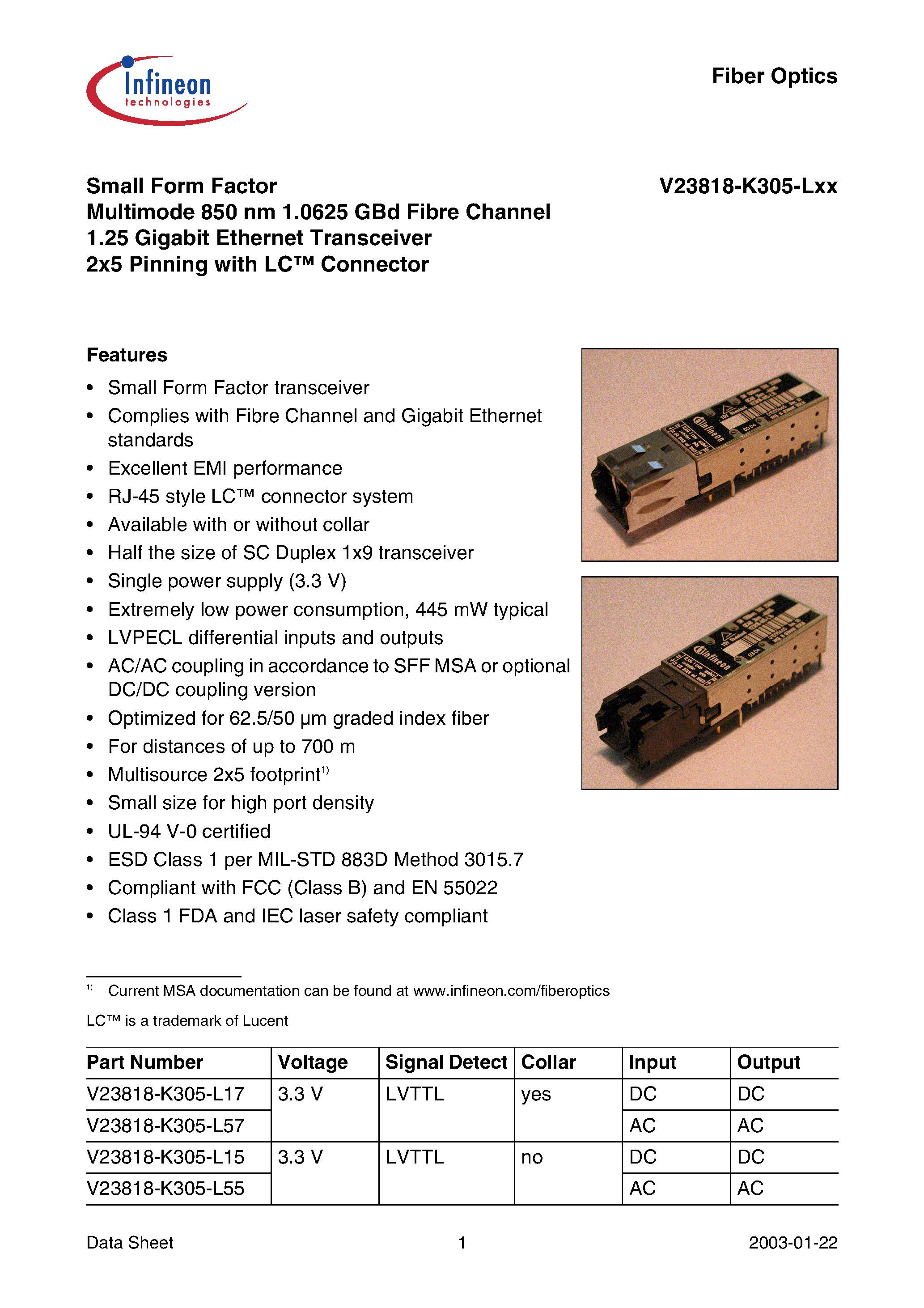 Datasheet V23818-K305-L56 - Small Form Factor Multimode 850 nm 1.0625 GBd Fibre Channel 1.3 Gigabit Ethernet 2x5 Transceiver with LC Connector page 1